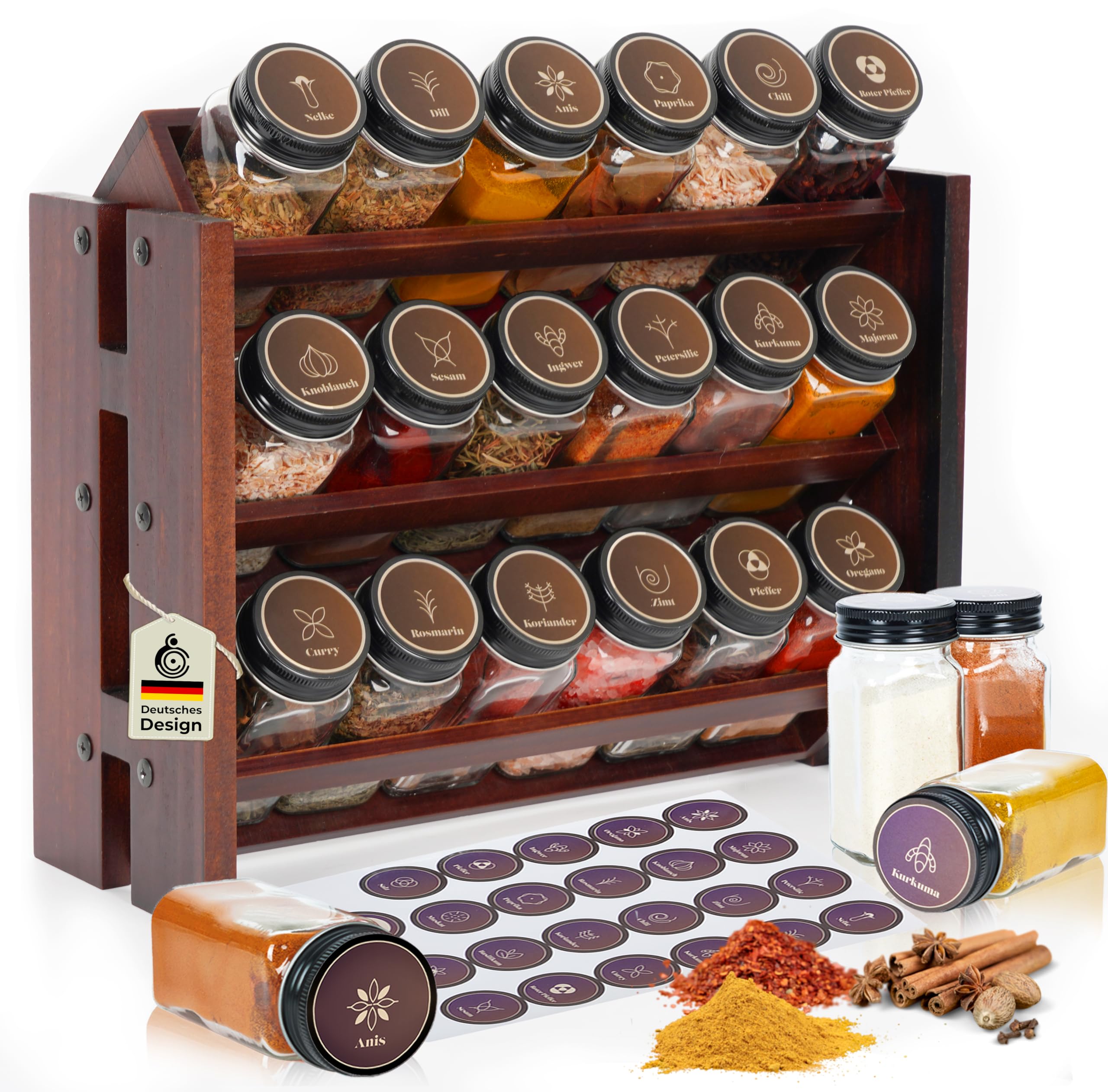 Dunkles Gewürzregal Holz Stehend & Wand 18 GEWÜRZGLÄSER 25 ETIKETTEN
