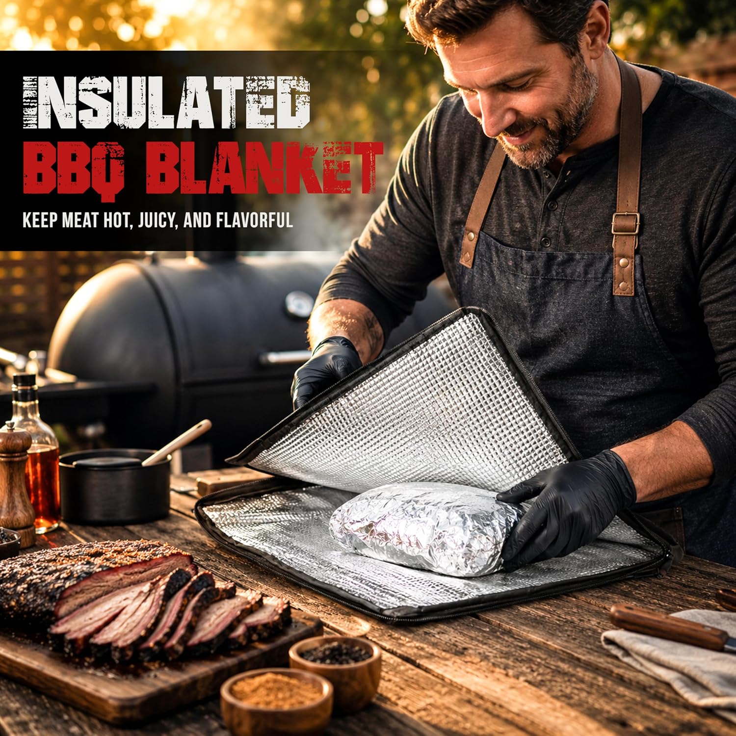 Insulated BBQ Blanket for Resting Meat - Multi-Layer Leakproof BBQ Resting Bag with Wide Mouth Zipper for Smoking, Grilling, Brisket, Pork Shoulder, Steak, Turkey