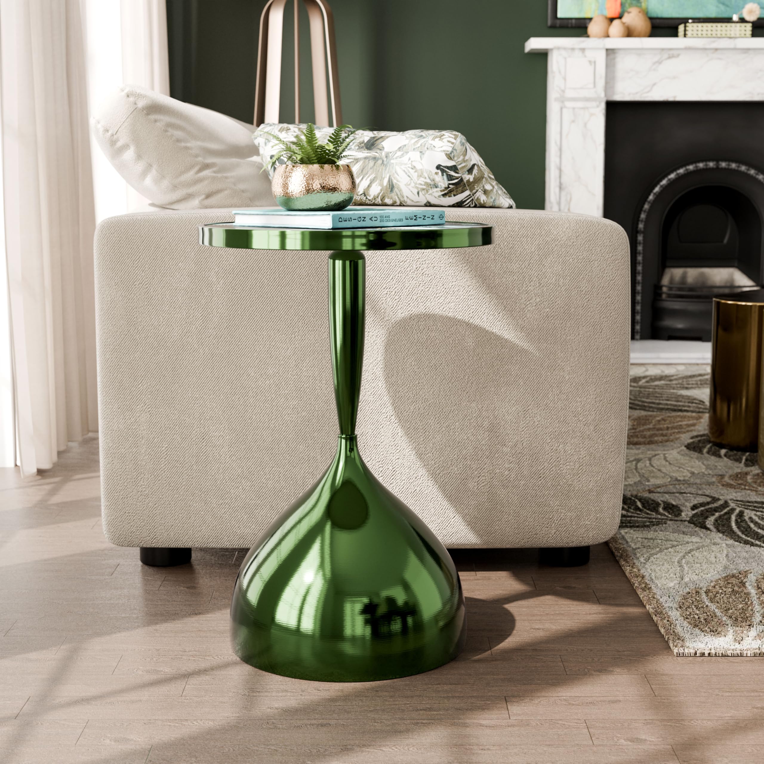 Homes: Inside + Out Halric Modern 24" Tall Round End Table with Decorated Tabletop and Iron Metal Base, Accent Furniture, Elegant Pedestal Stand for Living Room, Home Office, Chrome Green