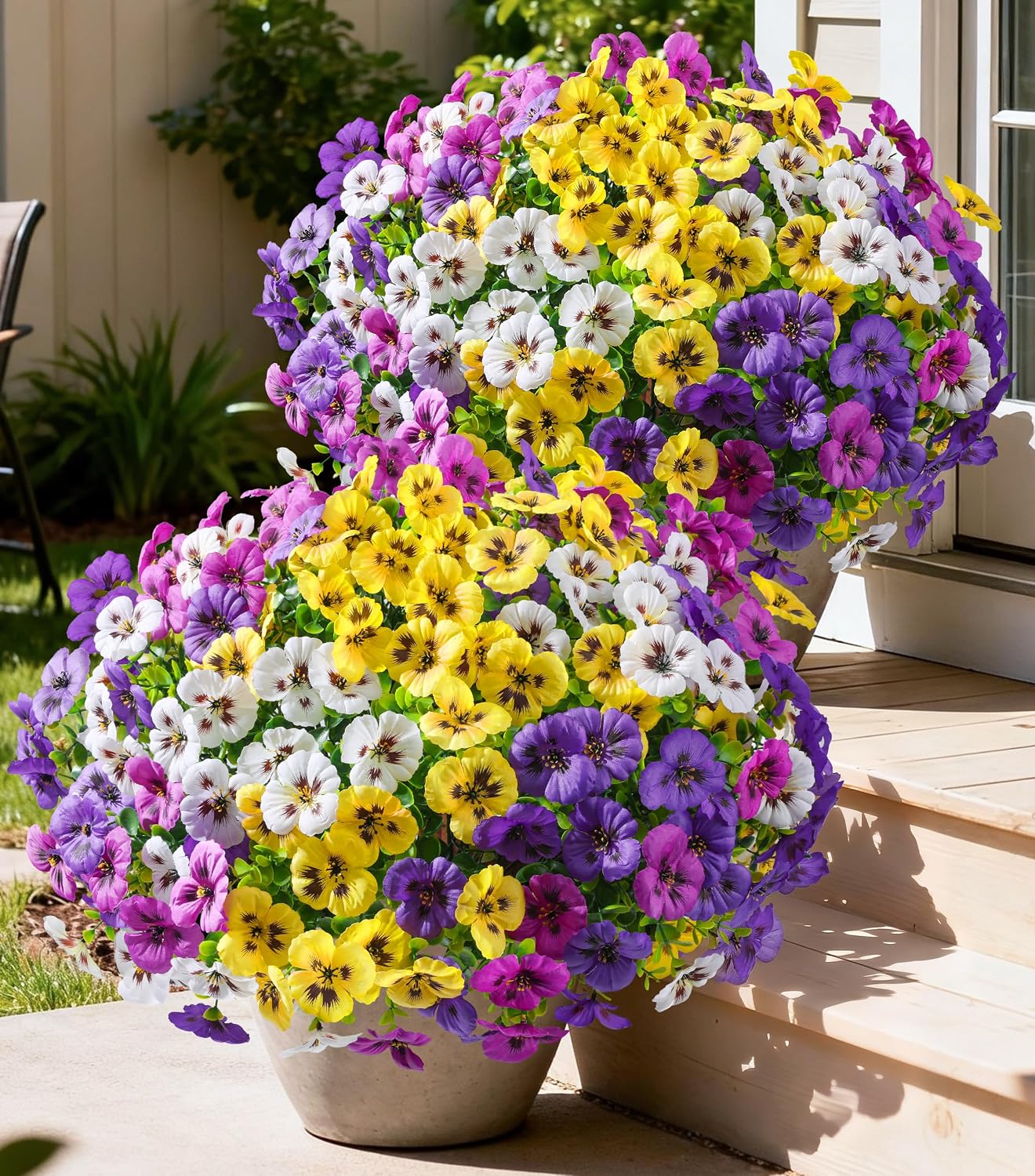 Ivydale 20PCS Artificial Fake Pansy Flowers for Outdoors Spring Sumer Decor, Faux Silk Pansies UV Resistant Plants for Front Door Porch Yard Patio Window Box Home Decor (Fuchsia Purple Yellow White)