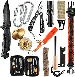Kit de Survie- Trousse de Survie - kit Survie de randonnée – Lampe Torche - Couteau - firesteel - Sifflet de Survie-Boussole – pour Camping, randonnée, Militaire et Chasse