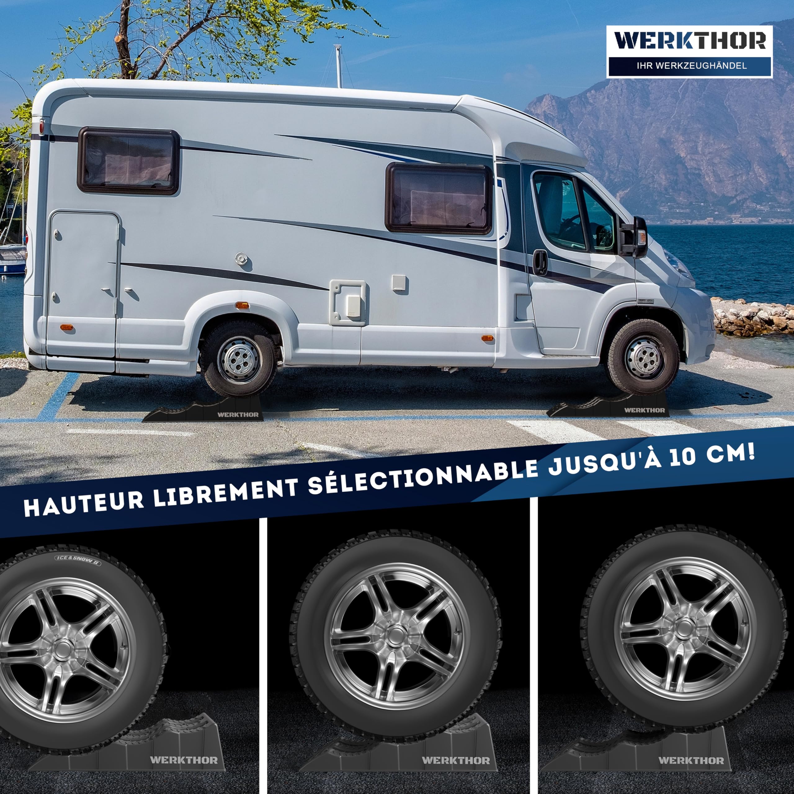 WERKTHOR Cales pour Camping-Car (Gris) - [Jeu de 2] Cales Stables pour Caravanes et Camping-Cars | Cales pour Camping-Car pour Une Mise à Niveau Sûre [<3t] - Conception Robuste pour Toute Surface
