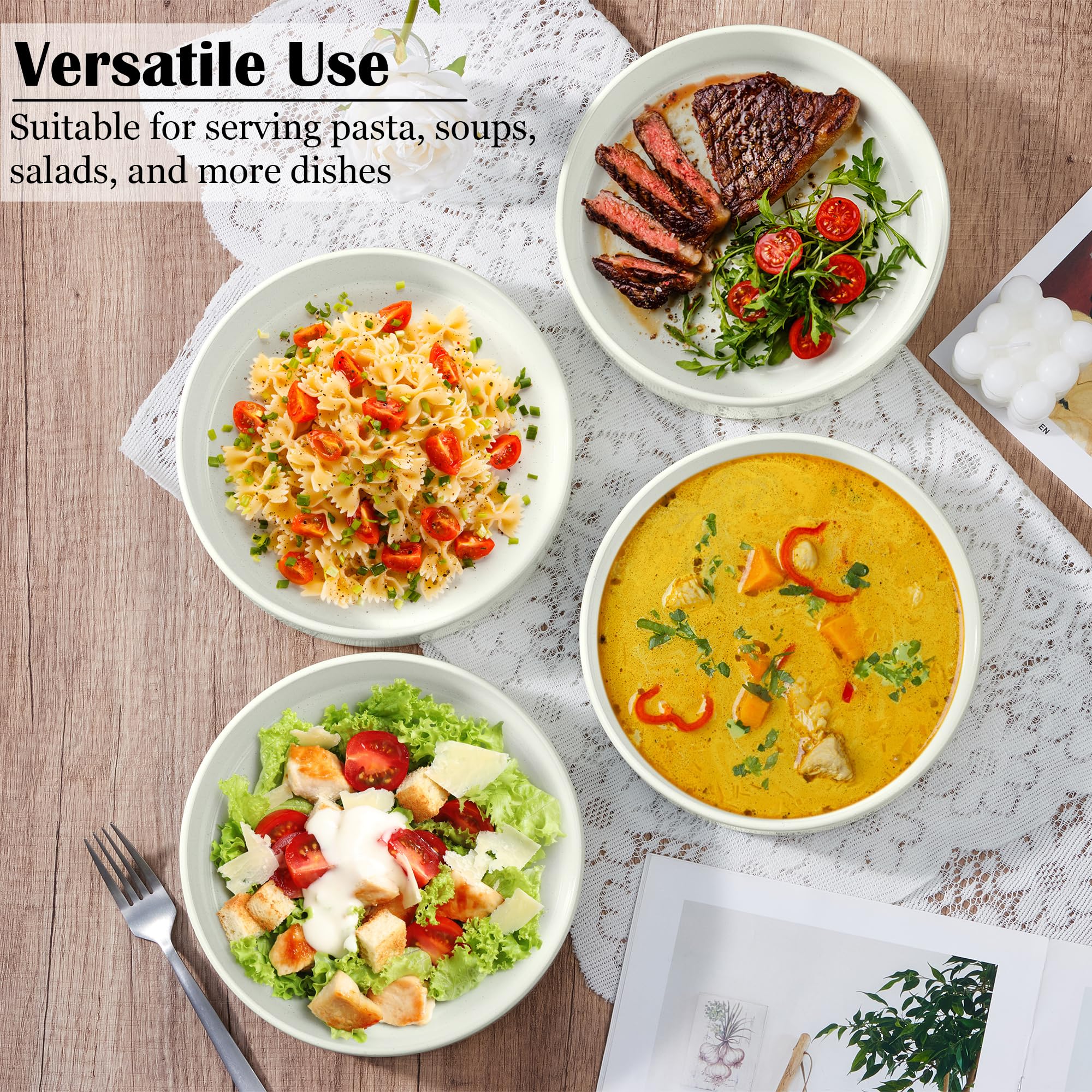 E-far Juego de 4 cuencos para pasta, platos grandes de cerámica de 35 onzas para servir sopa, platos de pasta de gres poco profundos, aptos para microondas y lavavajillas, color blanco moteado