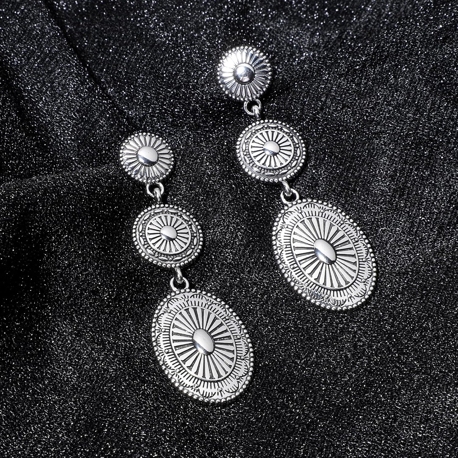 Silver Western Earrings for Women, Vintage Cowgirl Cowboy Western Silver Earrings, Oval Concho Drop Dangle Accessories Jewelry Country Concert Accessories for Women - Image 3