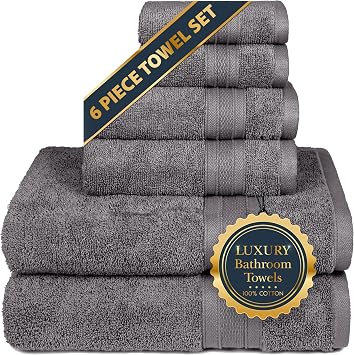 TRIDENT Soft & Plush Luxury Towel Set, 100% Cotton, 2 Bath Towels 2 Hand Towels 2 Washcloths Highly Absorbent Towels for Bathroom, 6 Pieces Charcoaly Grey Towel Sets