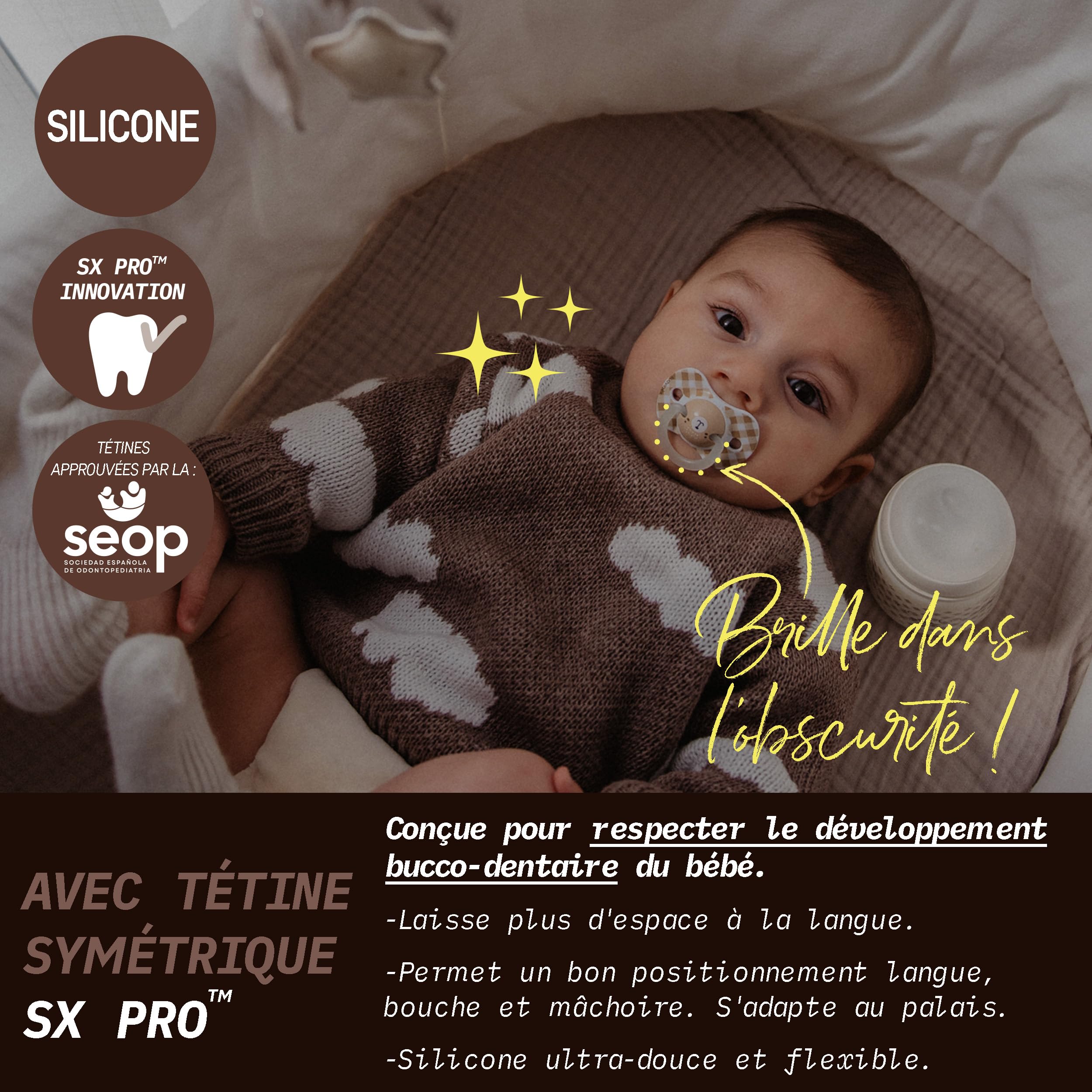 Suavinex Lot 2 Sucettes Bébé 6/18 Mois Brillent Noir Anneau Fluorescente Tétine Symétrique SX Pro Silicone Rose