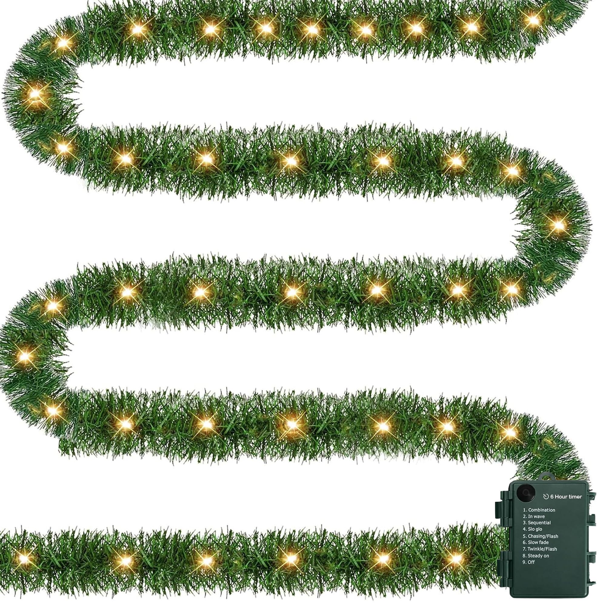 Dazzle Bright 15 FT Artificial Christmas Garland, Pre-Lit 50 LED Mini String Lights Battery Operated Xmas Garland, Lighted Christmas Decoration for Indoor Holiday Door Home Stairs Decor, Warm White