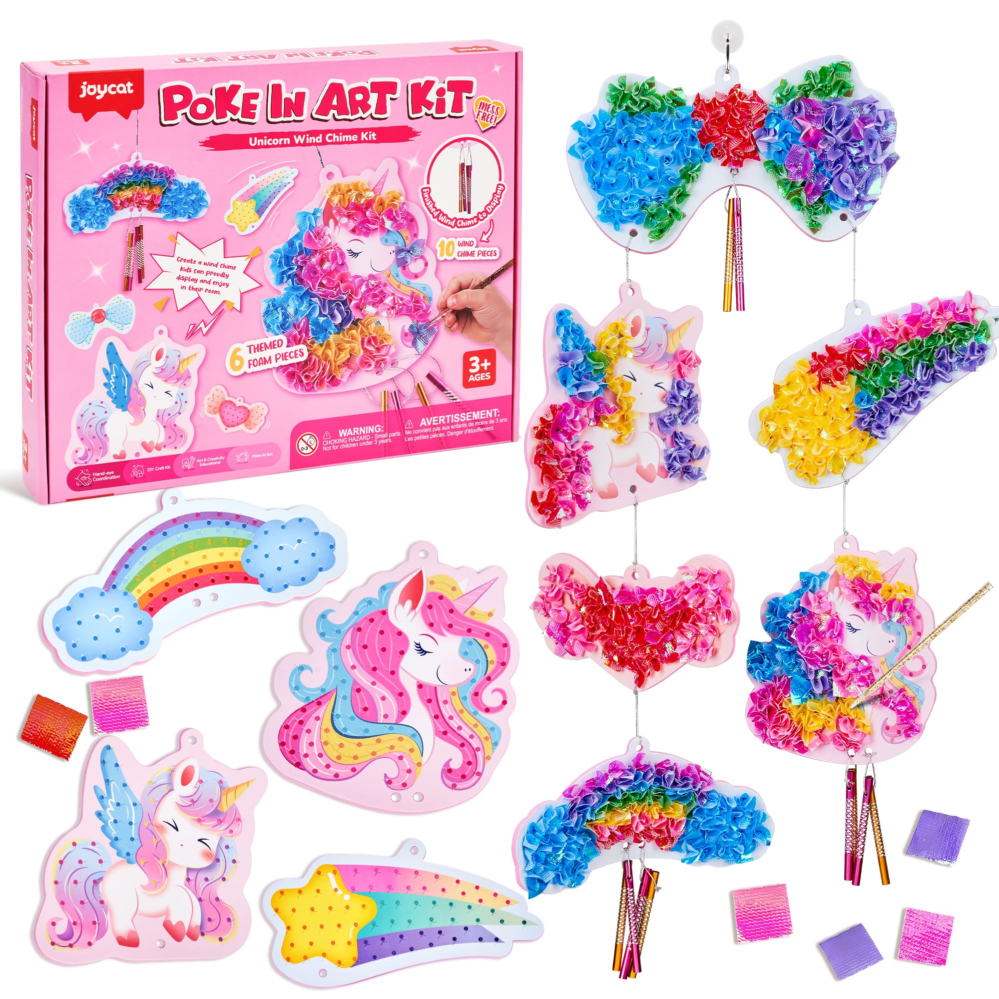 JoyCat Poke in Art Kit, Unicorn Wind Chime, 3D Magical DIY Craft Kit with Audible Wind Chime Pieces, 6 EVA Magical Figures, Mess-Free Creative Activity, Arts and Crafts & Birthday Gift for Kids Age 3+