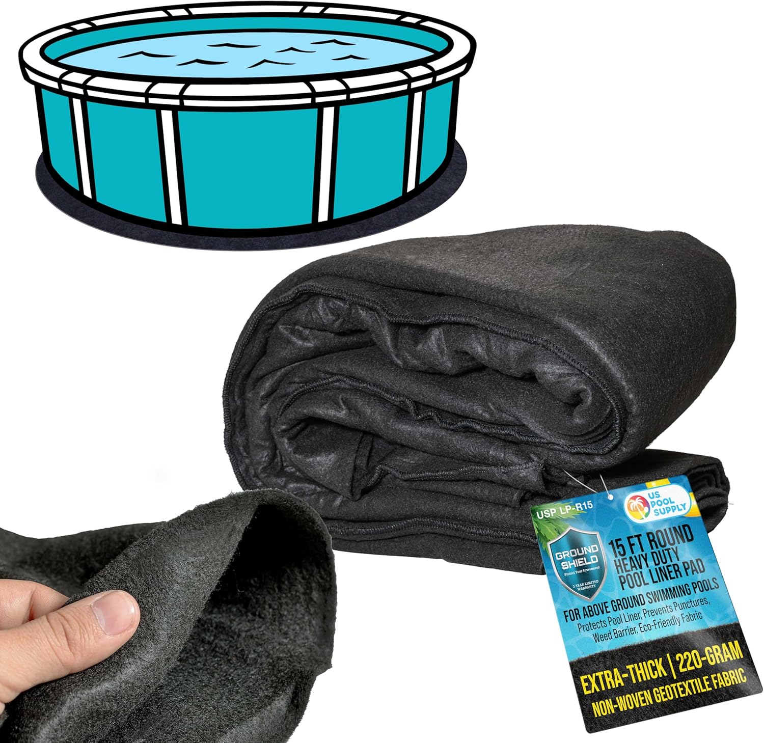 U.S. Pool Supply Ground Shield 15-Foot Round Heavy Duty Pool Liner Pad for Above Ground Swimming Pools - Protects Pool Liner, Prevents Punctures, Weed Barrier, Eco-Friendly Fabric - Extends Liner Life