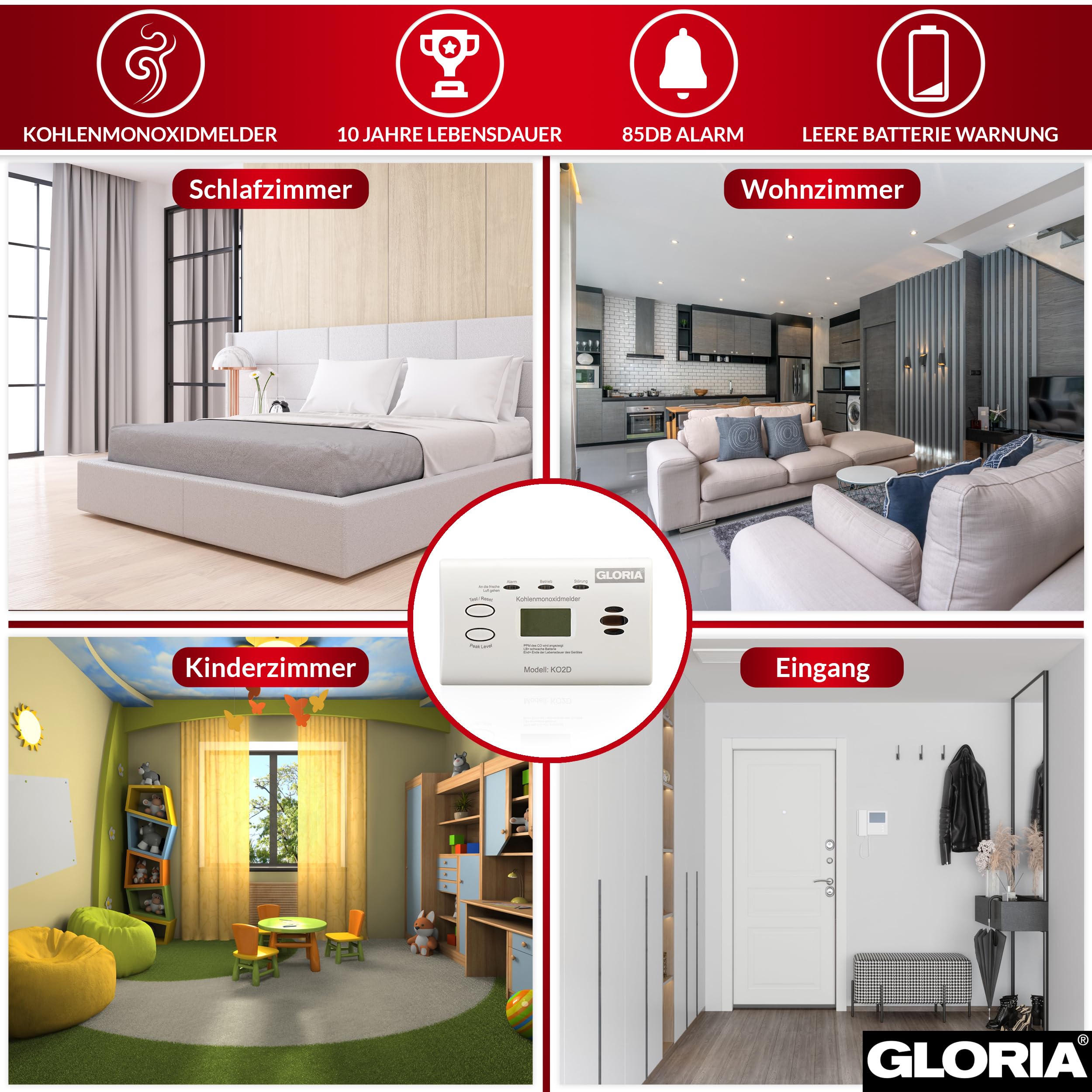 Gloria 2X KO2D Kohlenmonoxidmelder mit 10 Jahren Garantie und wechsebaren AA Batterien
