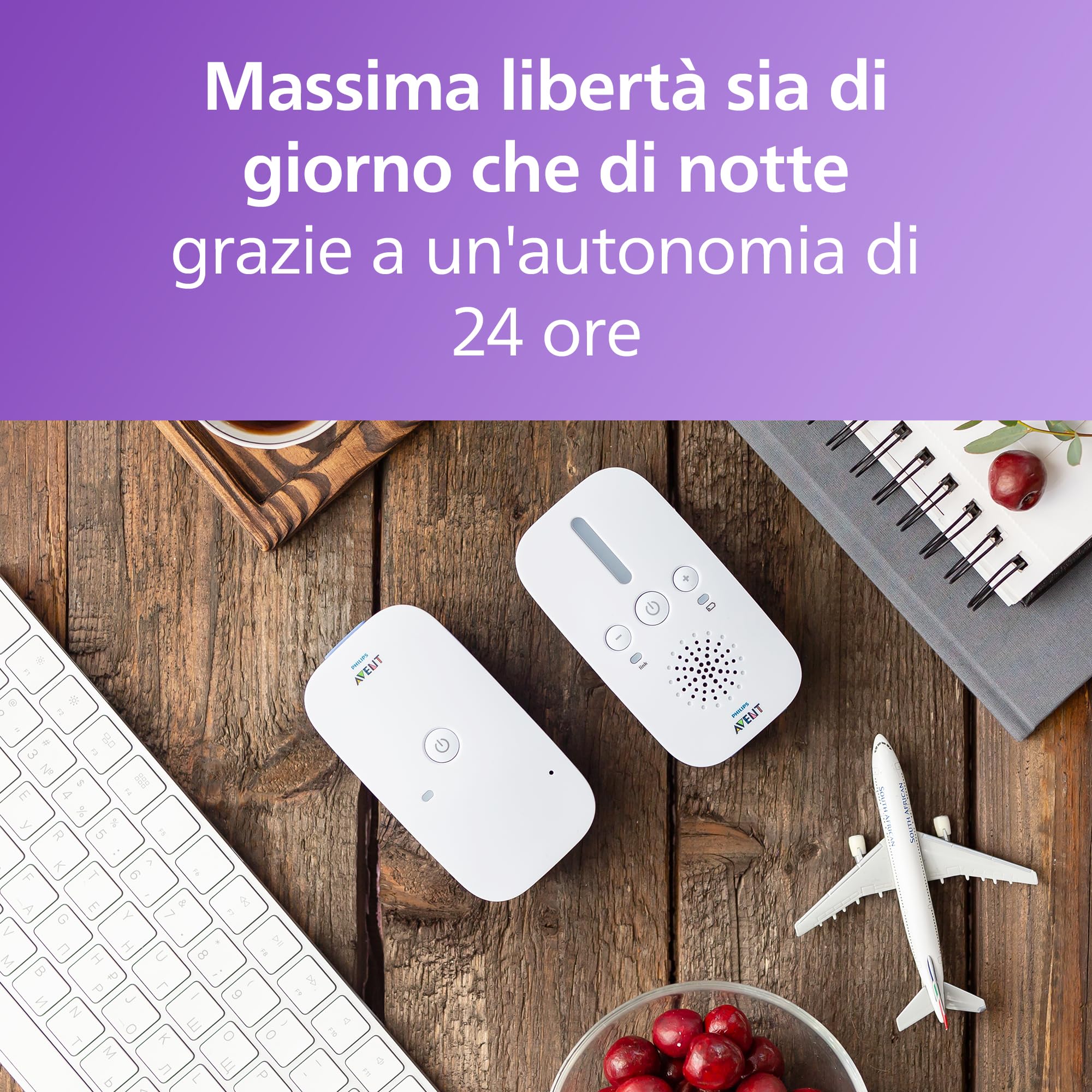 Philips Avent DECT Audio Baby Monitor SCD503/26, audio bidirezionale, portata 330m, batteria 24h, modalità Smart ECO, luce notturna