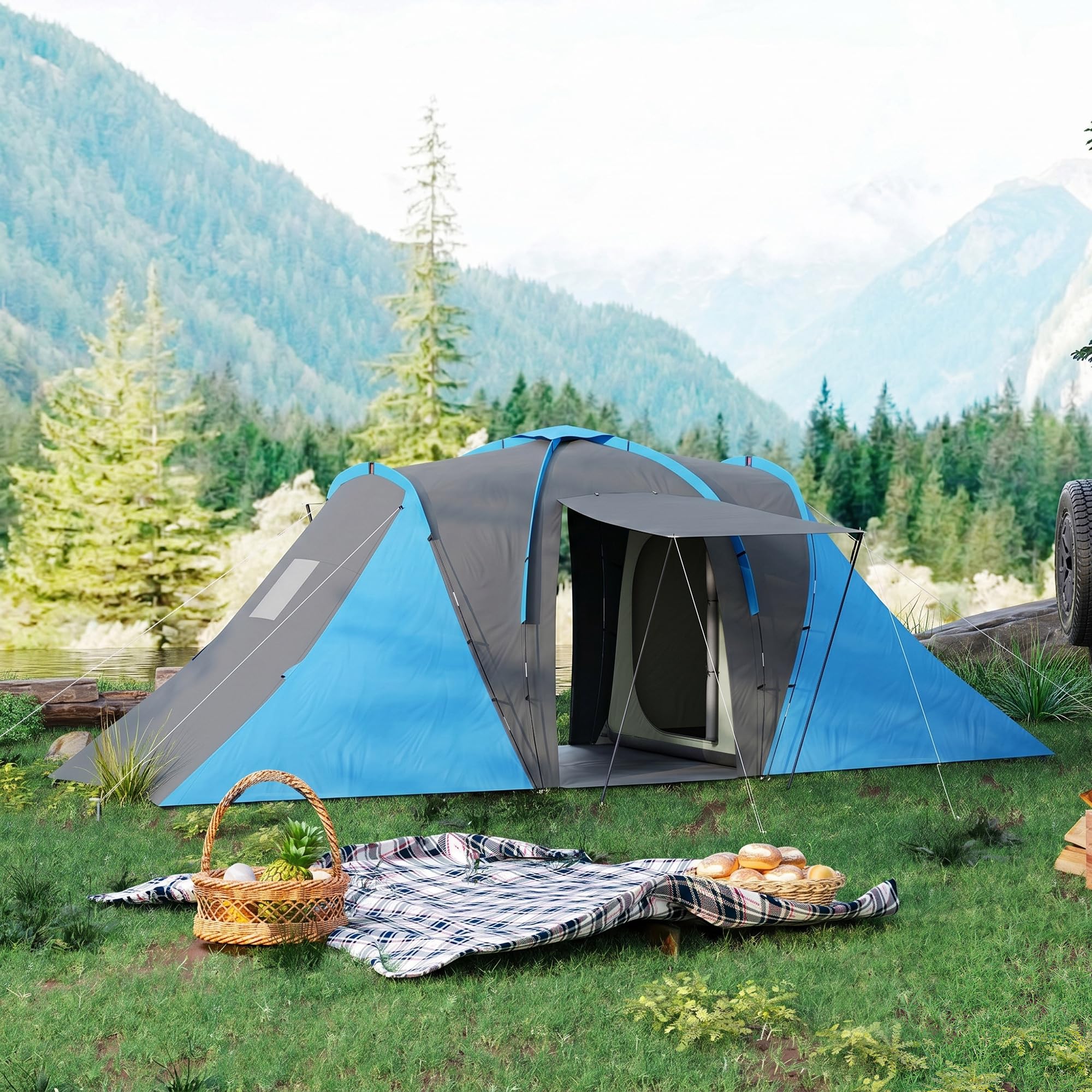 Outsunny Tunnelzelt, Campingzelt für 4 Personen, mit 2 Schlafzimmern Wohnbereich, groß Familienzelt mit Tragetasche, 2000mm Wasserabweisend Gruppenzelt, für Garten, Camping