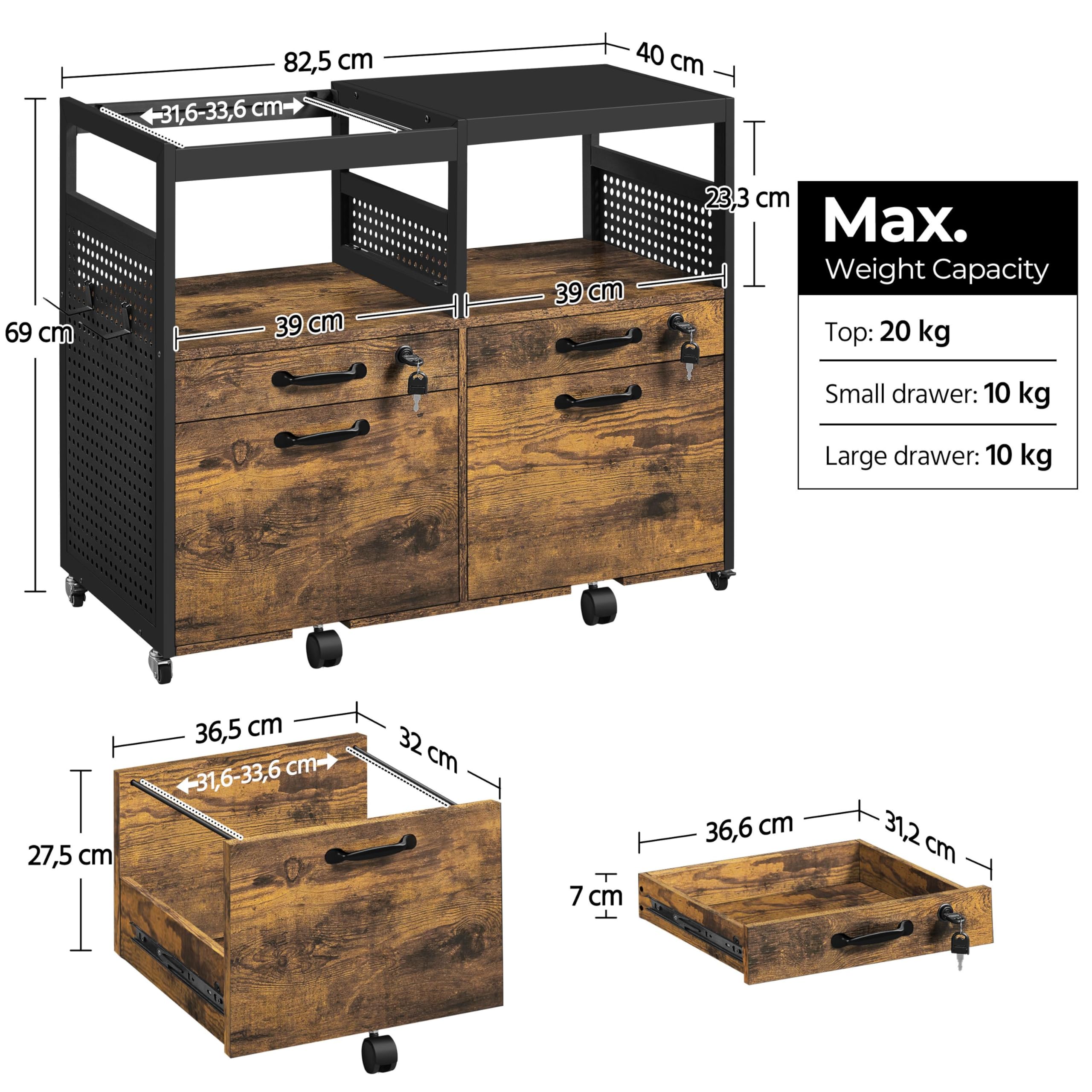 Yaheetech Archivador Móvil con 4 Cajones Cajonera Móvil con Ruedas Compartimento Abierto 82,5x40x69 cm Cajonera Escritorio para Documentos A4 Archivador de Oficina con Ganchos Laterales