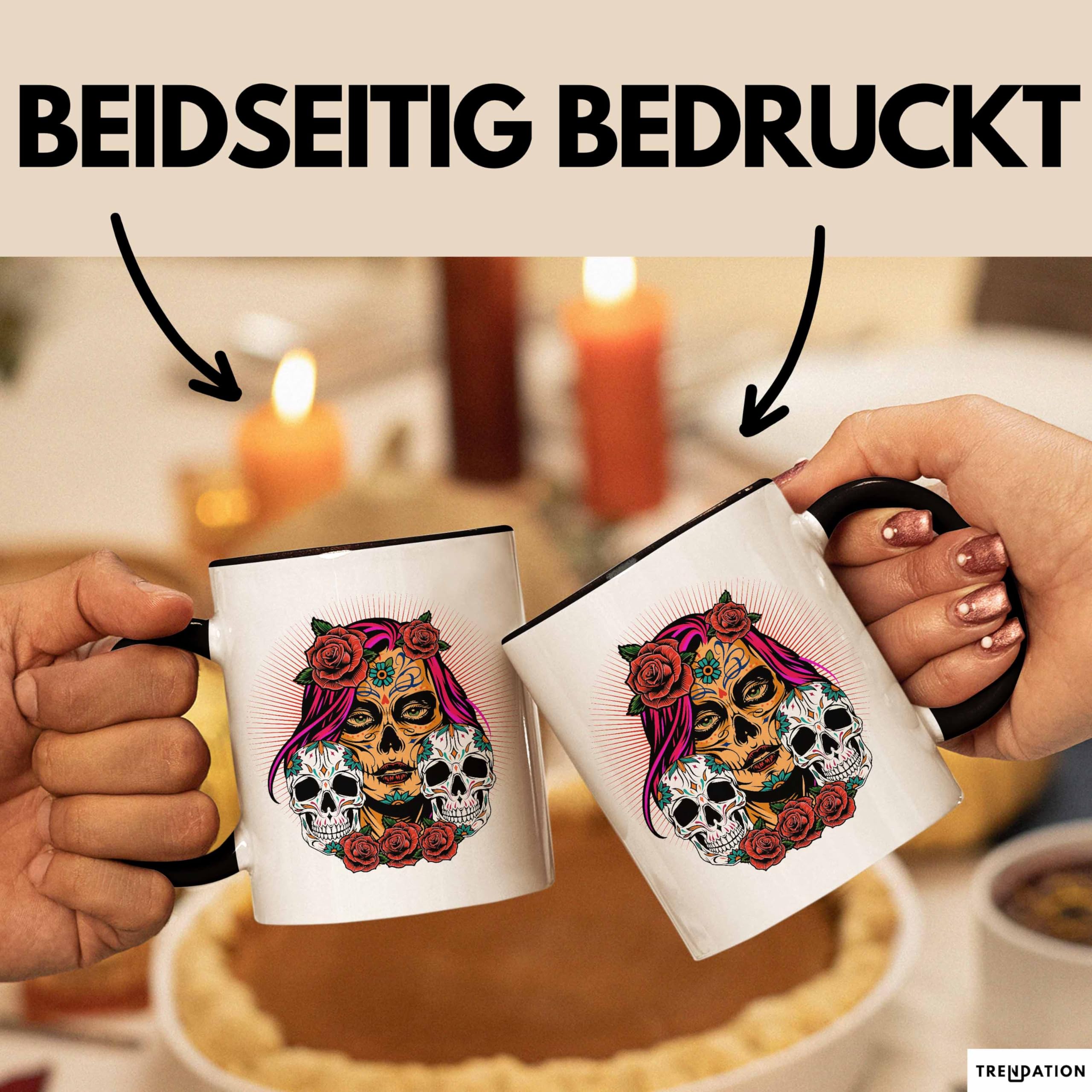 Trendation Tasse „Totenköpfe & Tattoos“ – 325 Ml Keramik – Schwarz – Spülmaschinenfest – In Deutschland Bedruckt