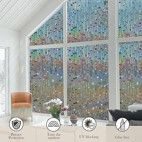 Miniatura 6 de Película de privacidad para ventana de arco iris película holográfica 3D para ventana, control de calor, bloqueo solar, adhesiva, estática, para el