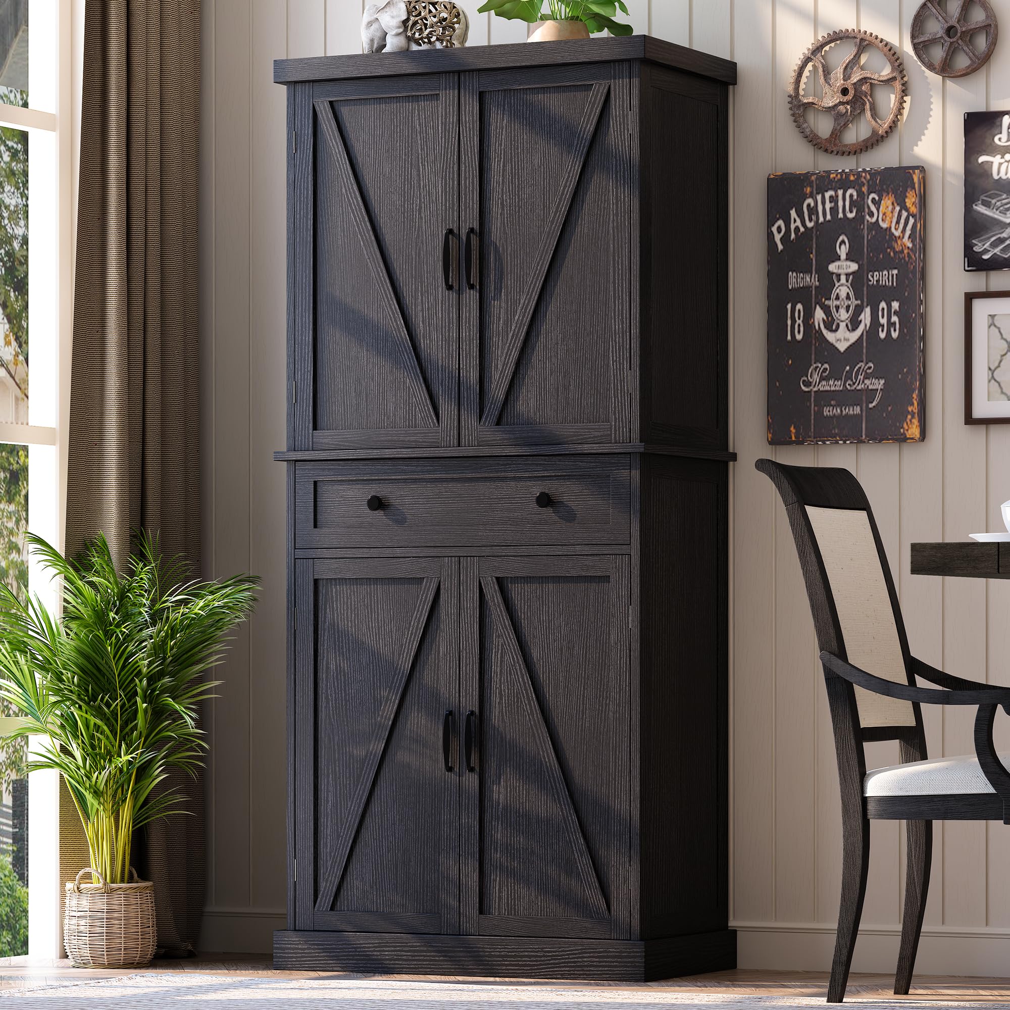 72" Tall Kitchen Pantry Cabinet, Black Pantry Storage Cabinet with Adjustable Shelves, Barn Doors and Drawer, Farmhouse Cupboard for Kitchen, Dining Room, Bathroom (16" D x 30" W x 72" H)