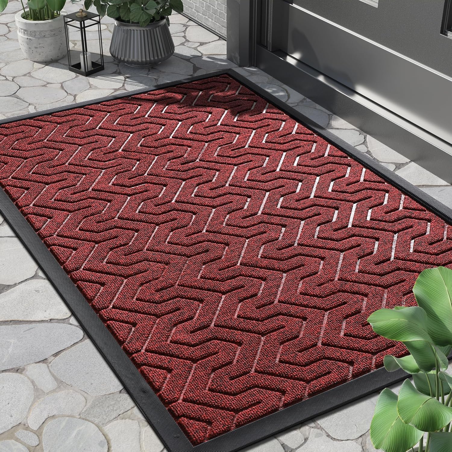 Yimobra Large Door Mat Outside Entrance 92 x 61 cm, Waterproof Heavy Duty Outdoor Mats for Front Door, Non Slip Rubber Entry Mat for Garage Patio, Easy Clean, Black Red