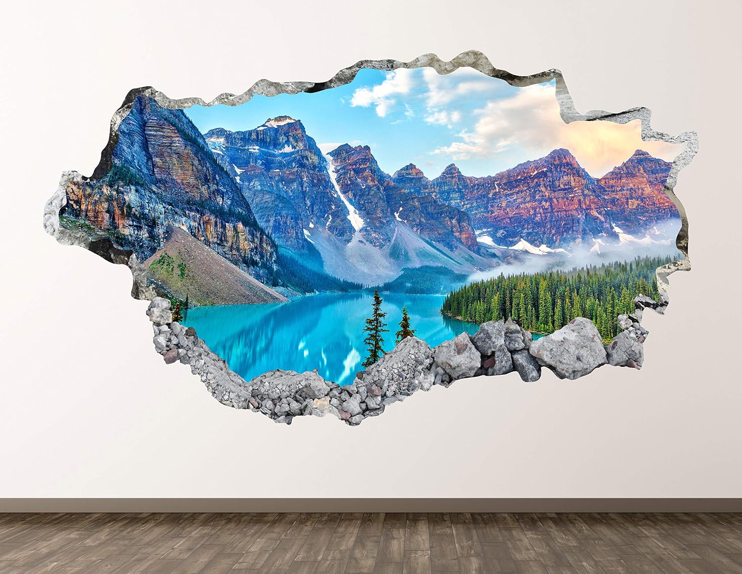 Mountain Landscape Wall Decal Art Decor 3D Smashed Canadian Rockies Sticker Poster Kids Room Mural Custom Gift BL534 (30"W x 18"H)