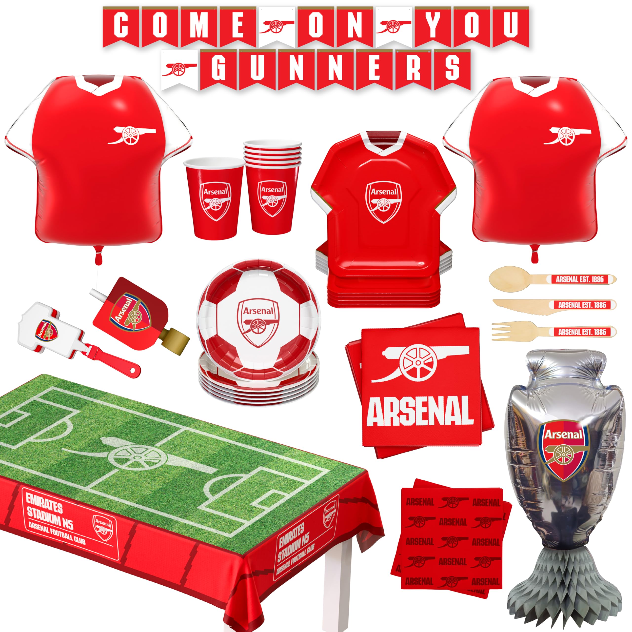 Arsenal FC Coffret de Fête Officiel 77 Pièces | Kit Tout-en-Un pour 6 Invités avec Vaisselle Jetable, Ballons Maillot, Décorations & Accessoires | Idéal Matchday & Anniversaire