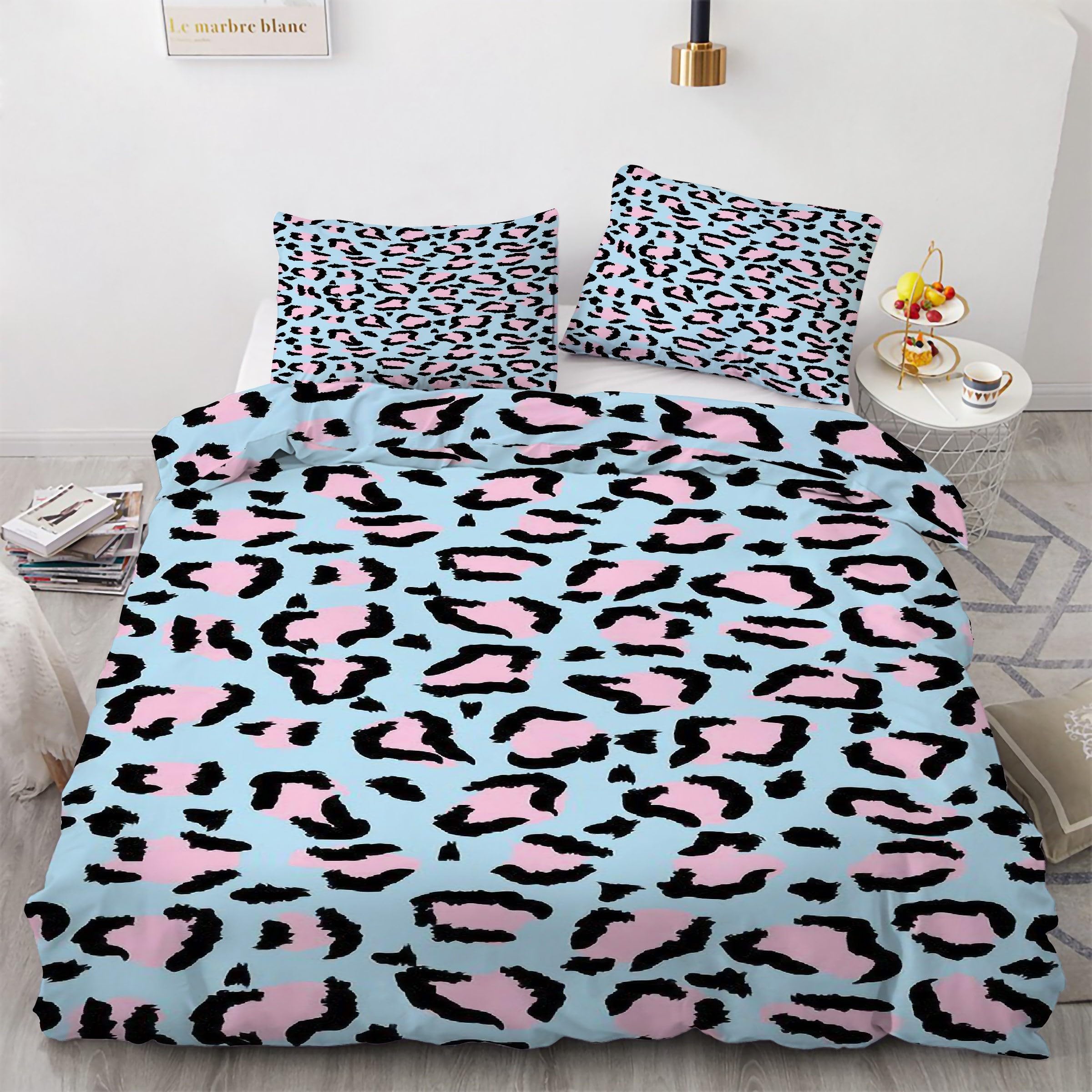 Housse de couette 160x200 bleu léopard parure de lit microfibe 3 pièces