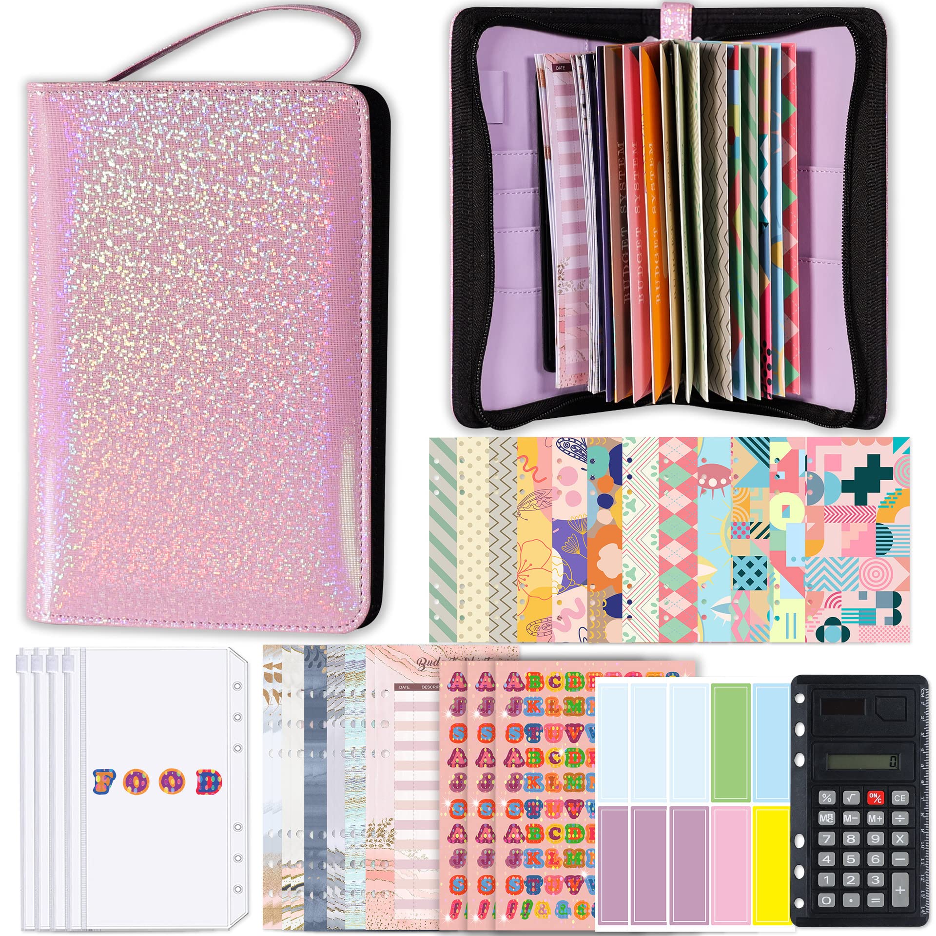 Haletia Zipper Money Wallet Budget Binder Set, Money Saving Ring Binder with Zipper Cash Envelopes, Budget Sheets, Word Label,Ring Binder Money Organiser for Budget Planner (Pink)
