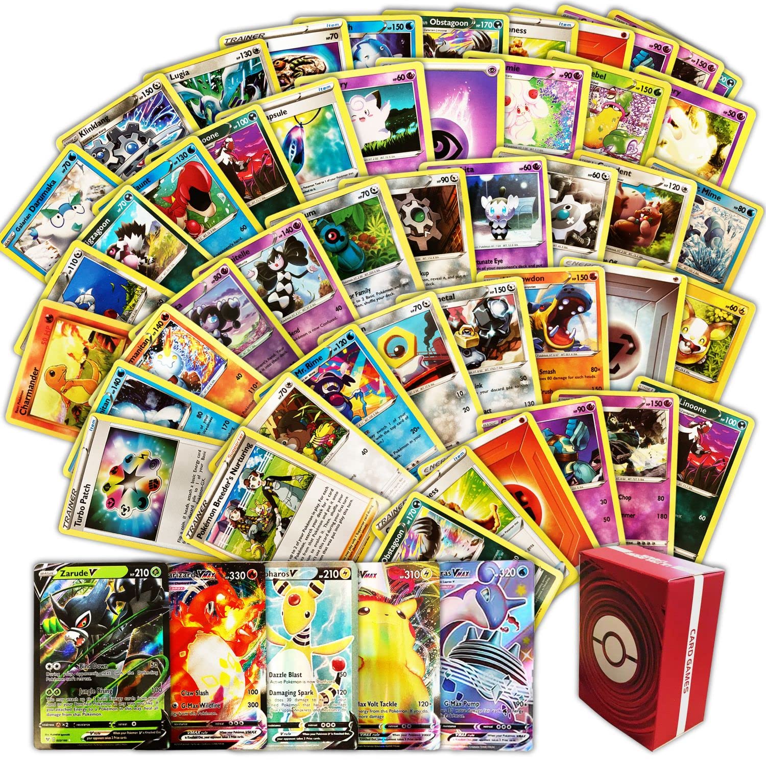 Global Lightning Card Ultra Rare Crads Pack- Including 50 Cards+ 3 Foil Cards+ 2V/Vmax Cards, Plus a Free Card Collection's Deck Box, Red