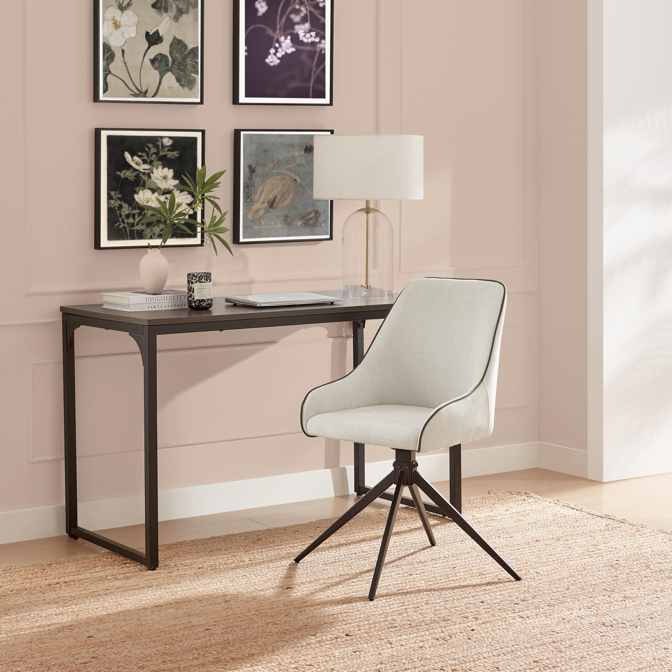 Furniturebox UK Beaumont Cream Fabric Swivel Chair - Black Metal Legs & Black Accents - Square Bucket Seat - Modern Bedroom Vanity Dressing Table Office Upholstered Occasional Chair