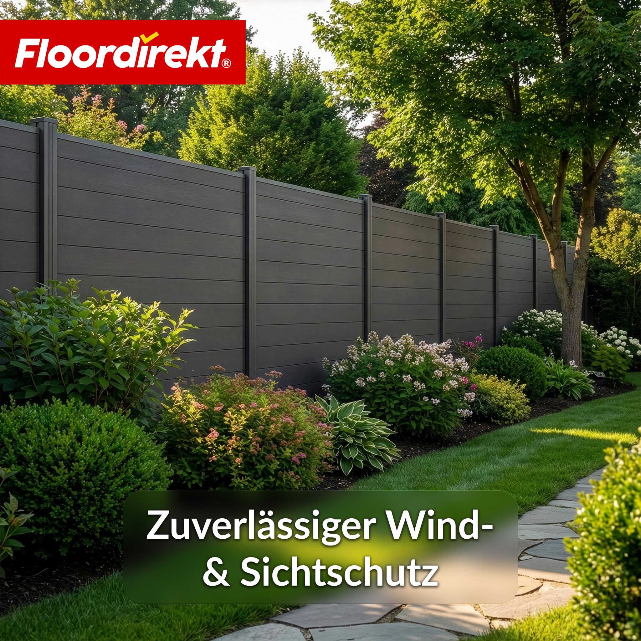 Floordirekt Kompletny zestaw ogrodzenia WPC – czarny – 180 x 180 cm – ogrodzenie ogrodowe, ogrodzenie osłonowe, ogrodzenie wiatrochronne – element na taras i do ogrodu – wraz z materiałem montażowym