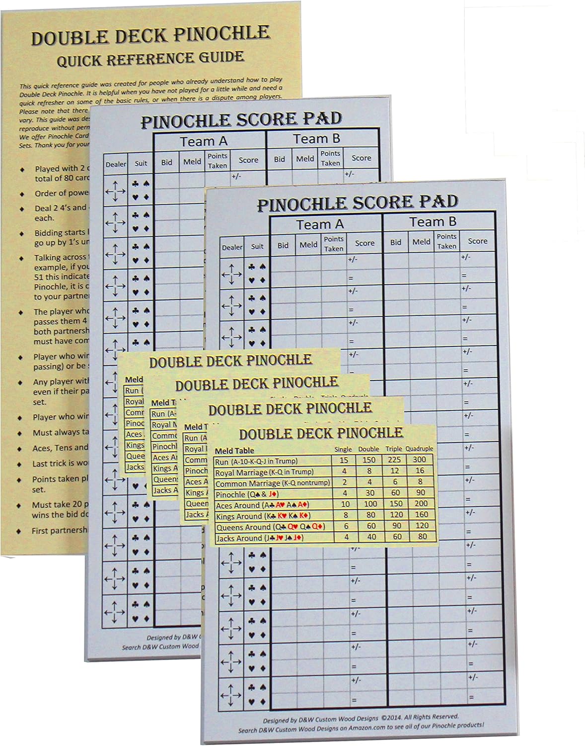 Amazon Com Pinochle Score Pad Pack Of 2 Two 40 Page Score Pads Four Meld Tables And Double Pinochle Quick Reference Card Toys Games