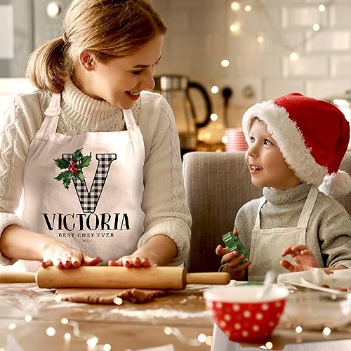 Miniatura 6 de Delantales de cocina de Navidad con nombre y 2 bolsillos, 6 patrones de fuente, personalizable, nombre de Navidad, para hornear, parrilla, chef,