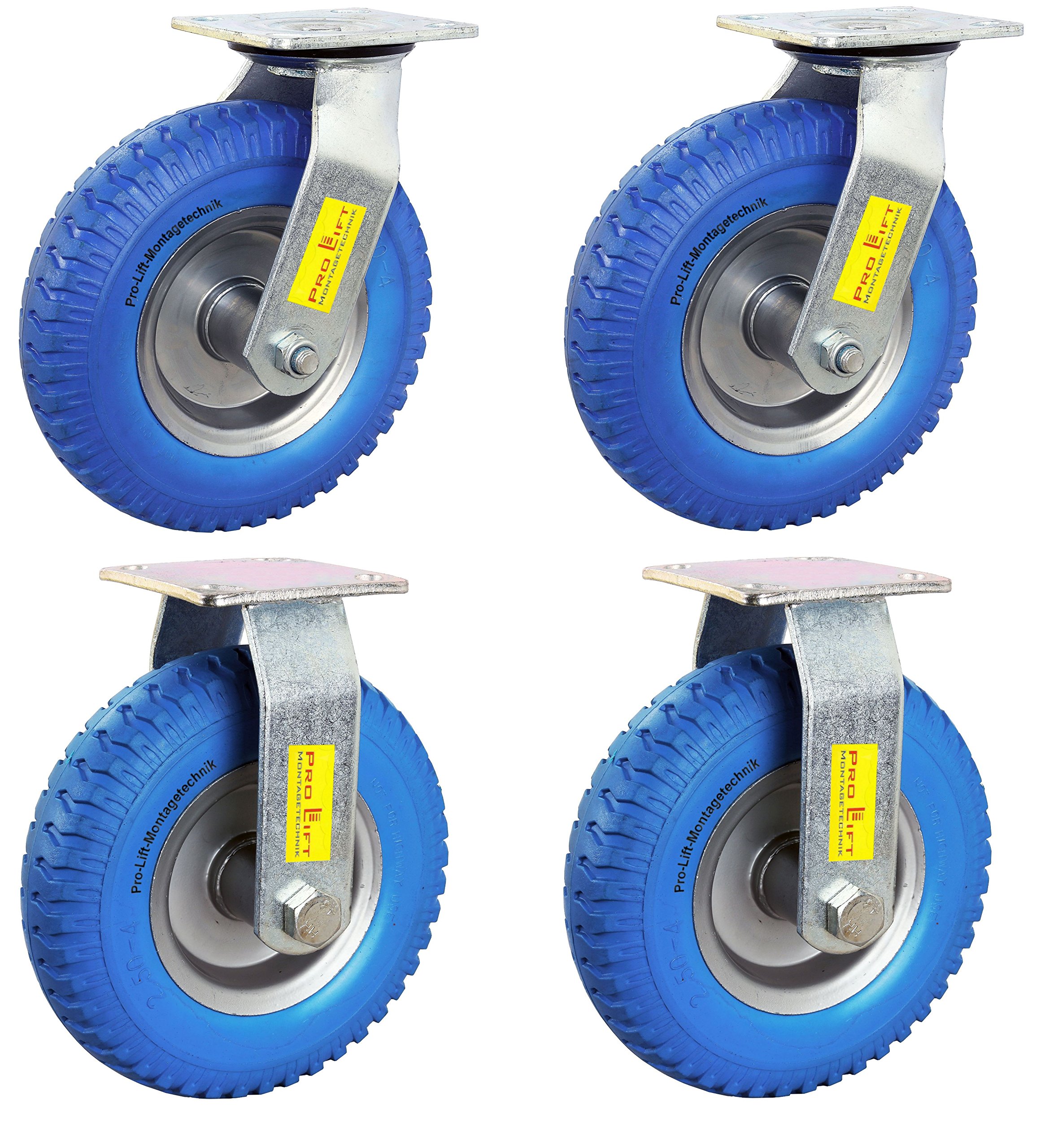 4 Stück: je 80kg Schwerlastrollen, 2 Lenkrollen + 2 Bockrollen, blauer Vollgummi, 00989