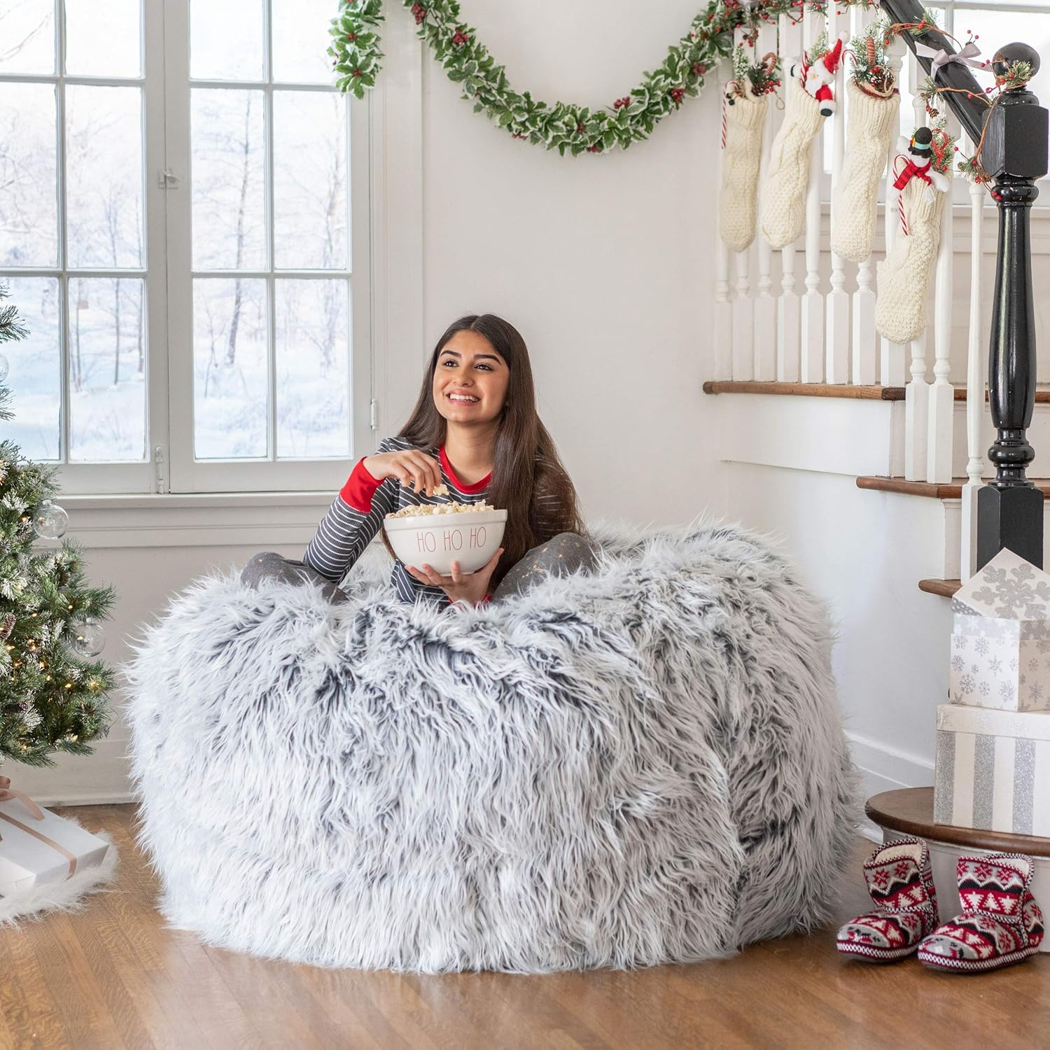 Buy Lycus Faux Fur Bean Bag Chair Silver Grey Online In