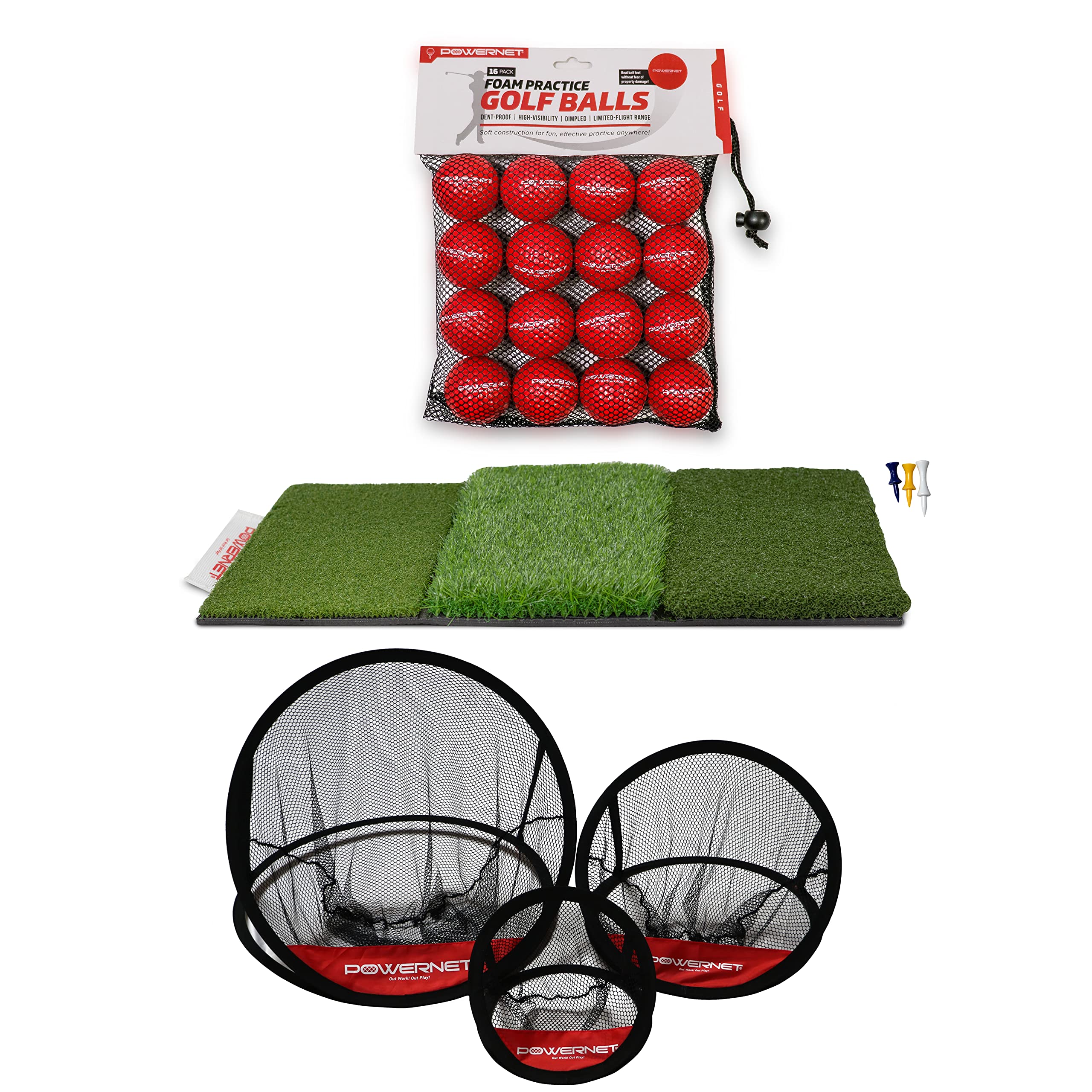 PowerNetUltimate Chipping Bundle | Includes 3 Piece Golf Chipping Nets 16 Pack Practice Foam Golf Balls & Tri-Turf Grass Mat | Lightweight Durable Material | Indoor & Outdoor | for All Skill Levels