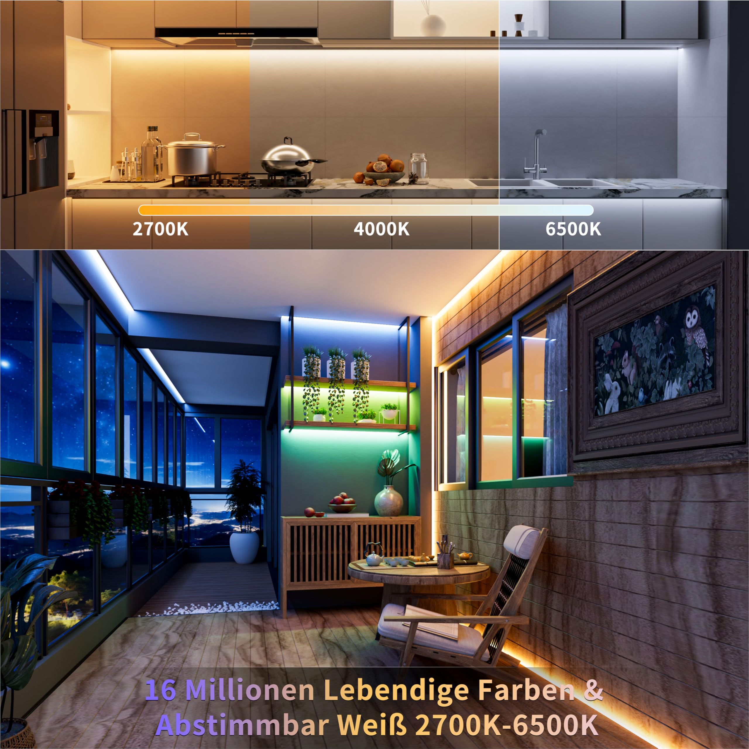 PAUTIX COB LED Streifen RGBCCT 10M,Dimmbar RGB+WW/CW 2700K-6500K Farbwechselnde Smart LED Strip Lights mit APP Control und RF Fernbedienung,24V LED Band mit Timer,Musik Modus für DIY Beleuchtung