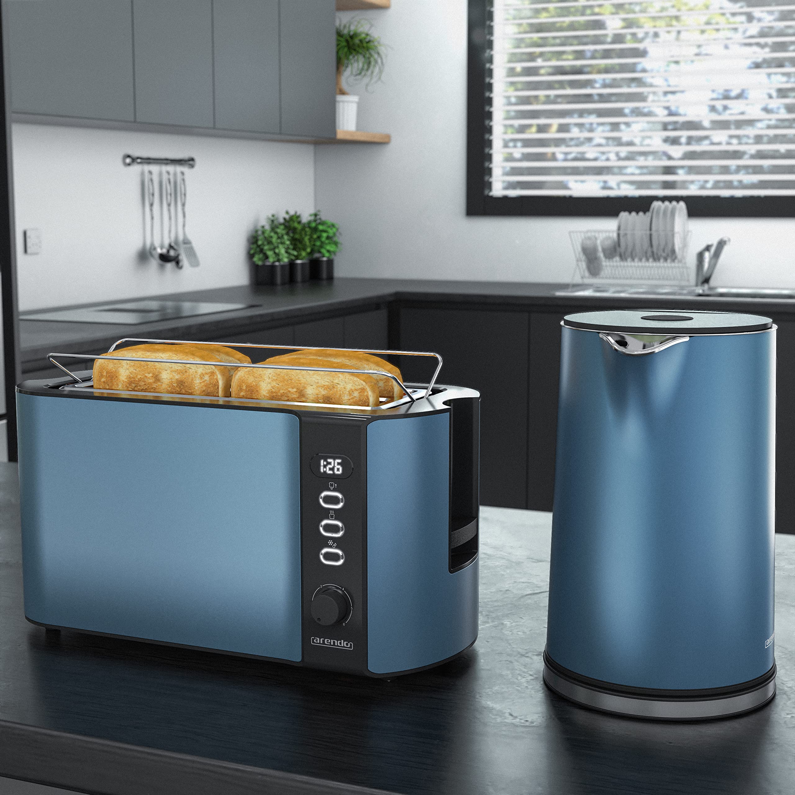 Arendo Wasserkocher Toaster SET Edelstahl Blau 1,5L 40-100°C 4 Scheiben LED-Display