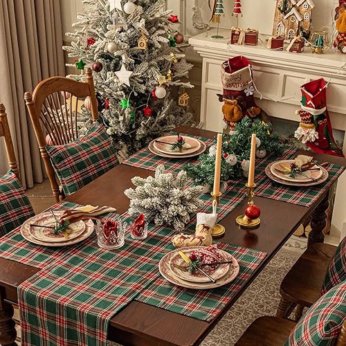 Miniatura 7 de Softalker Juego de manteles individuales de Navidad a cuadros de 4-12 x 18 pulgadas, manteles individuales de Navidad a cuadros verdes, resistentes