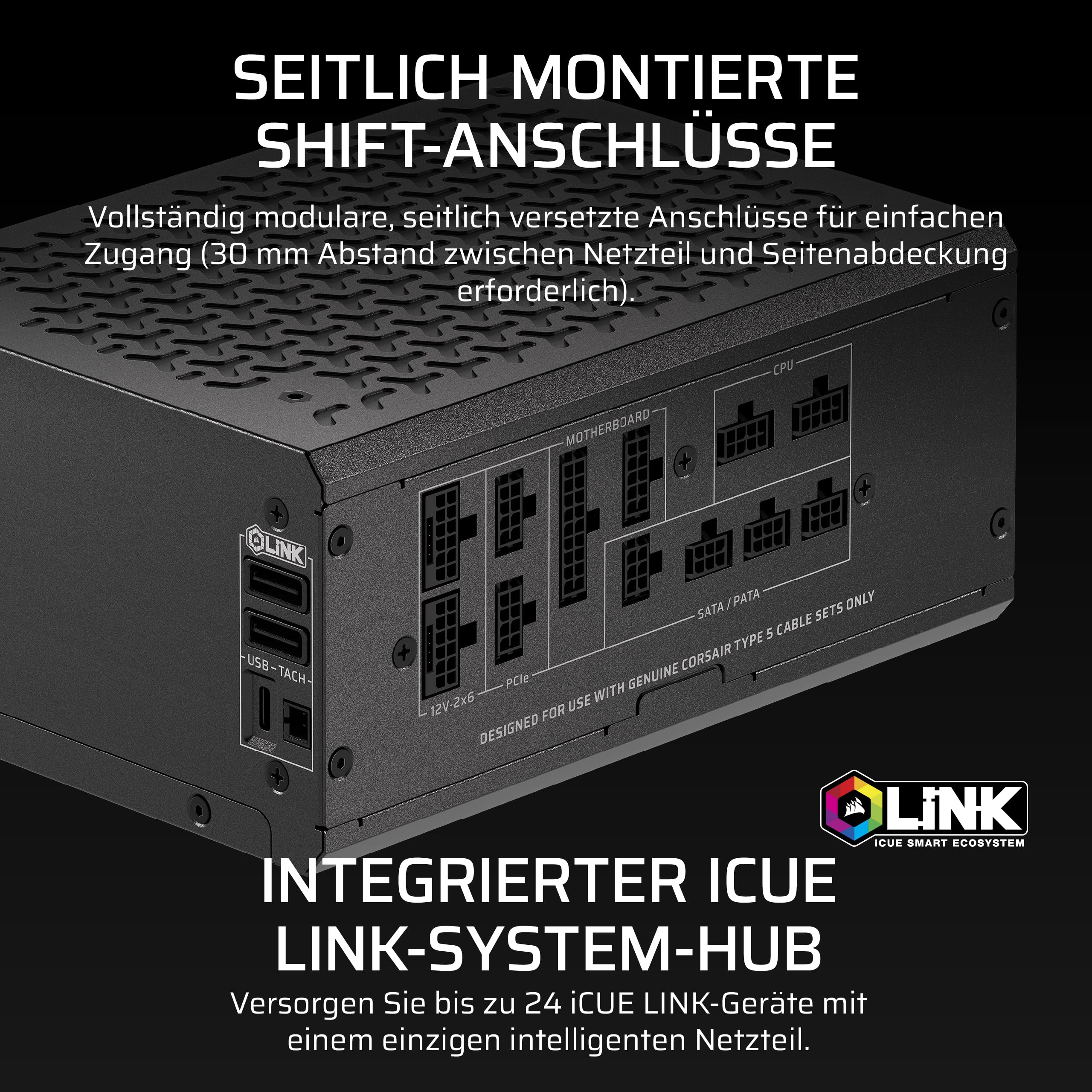 CORSAIR HX1500i Shift ATX-Netzteil, Dual Native 12V-2x6 Kabel – Schwarz | Vollständig Modulares, Eingebauter iCUE LINK System Hub, ATX 3.1, PCIe 5.1, Seitlich Montierte Stecker, Cybenetics Platinum