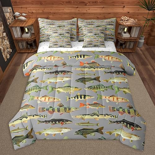 Feelyou Bass Fish 7 Pieces Comforter Set with Sheets Twin Size Fishing and Hunti