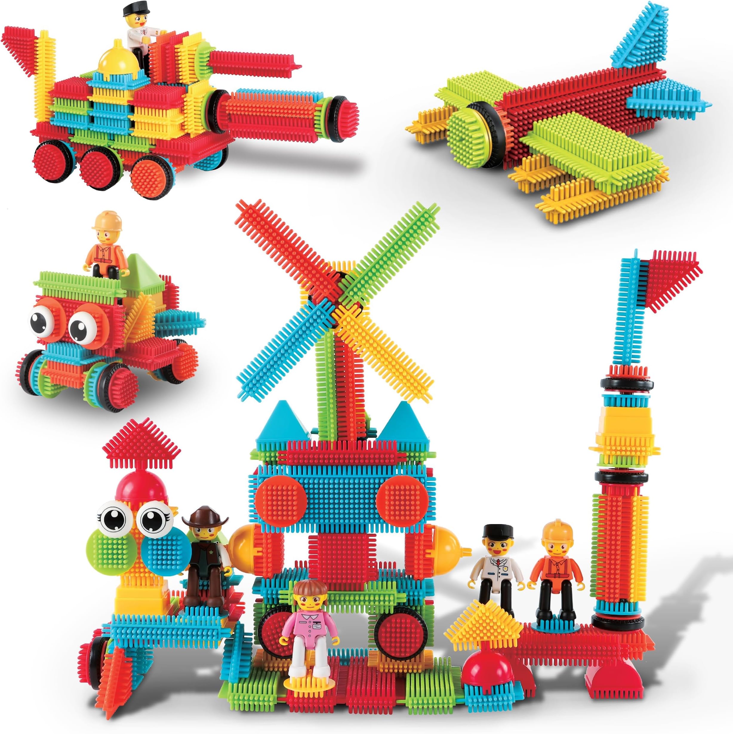 116 Piece Hedgehog Building Blocks, STEM Toy Set Kids Ages 3+ | soft interlocking bristle tactile construction, 4 action figure characters, decorative eyes, early educational creative play