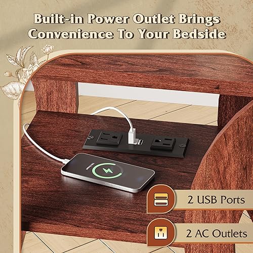 Miniatura 4 de WLIVE Mesas auxiliares para sala de estar, juego de 2 mesas auxiliares de cereza con estación de carga, mesita de noche para dormitorio, mesa