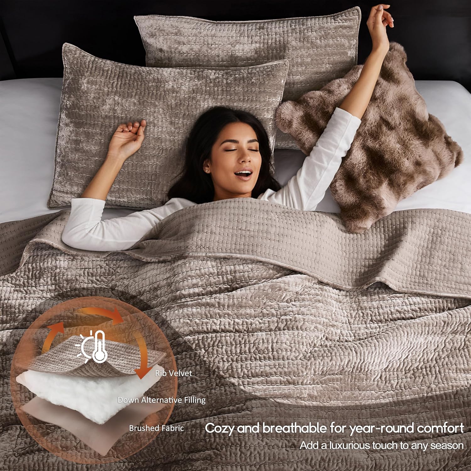 WDCOZY Velvet King Size Quilt Set - Brown Taupe Tan Camel Striped Pick Stitch Soft Lightweight Bedspread, Channel Farmhouse Country Rustic Coverlet, Modern Bedding Warm Thin Comforter, 3 Pieces
