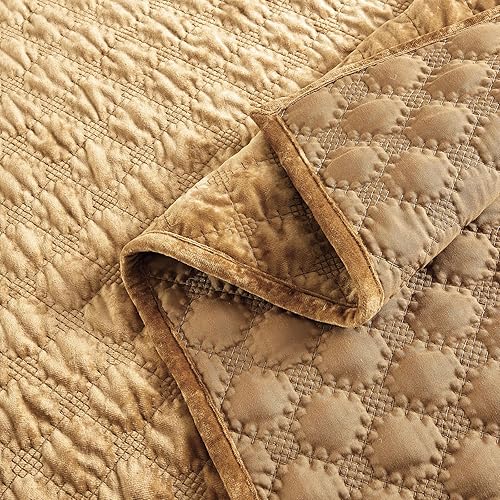 Miniatura 4 de Juego de edredón de terciopelo envejecido, 3 piezas camamel dorado King, cara de terciopelo envejecido y reverso de microfibra cepillada con