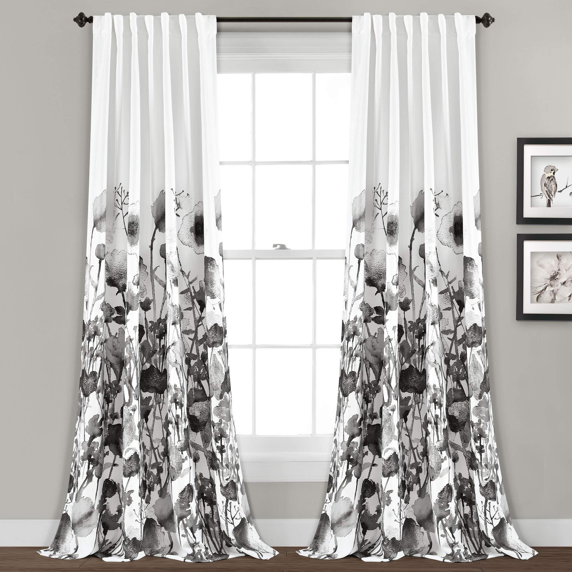 Lush Decor Zuri Flora Light Filtering Window Curtain Panel Pair, 52" W x 84" L, White & Black, W 52" x L 84" (2 Panels)