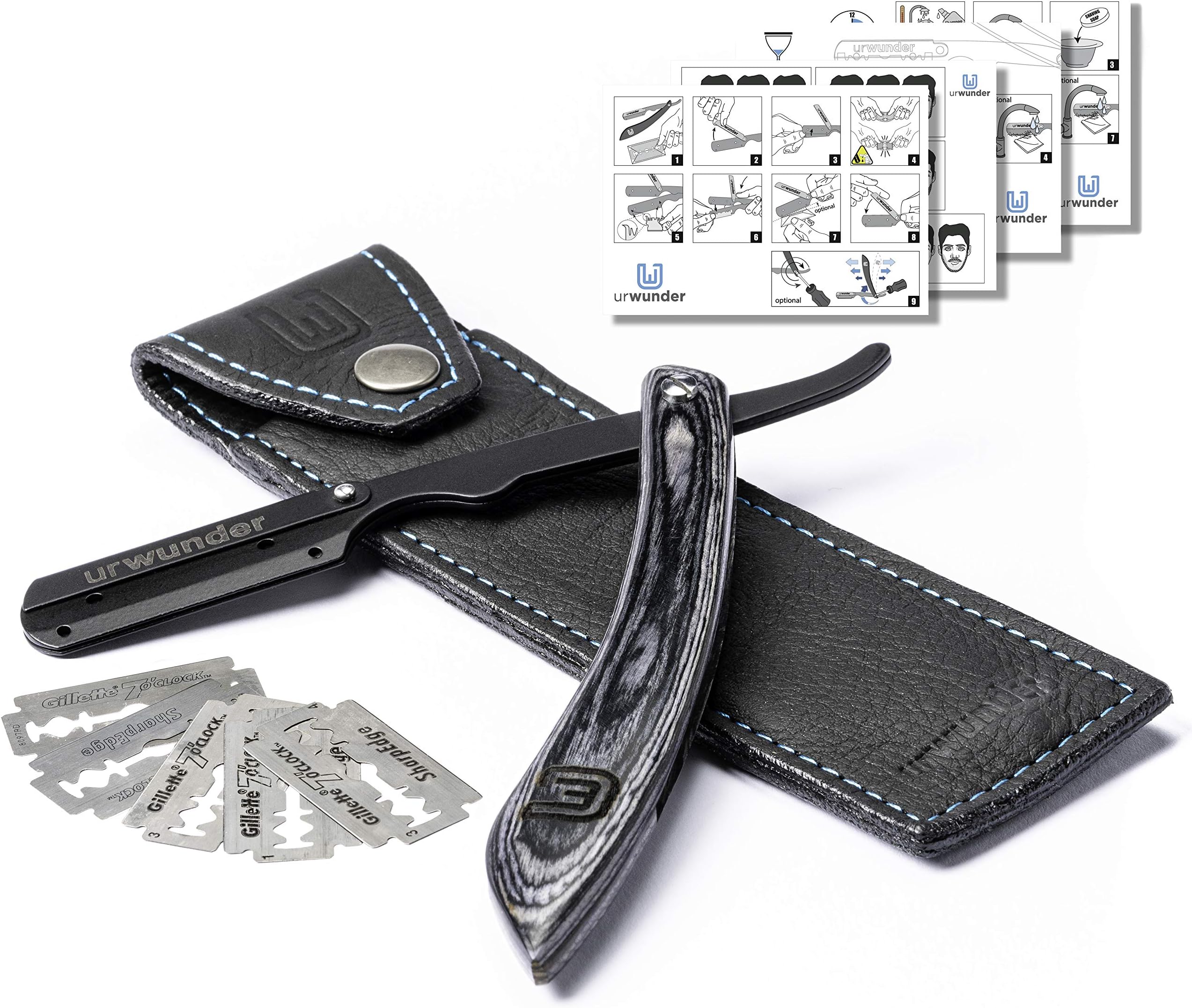 Precise German Straight Razor - urwunder - Shavio - Genuine Leather Case - Simple Manuals - 4-Pin Blade Holder [Black Arm/Black Wood]