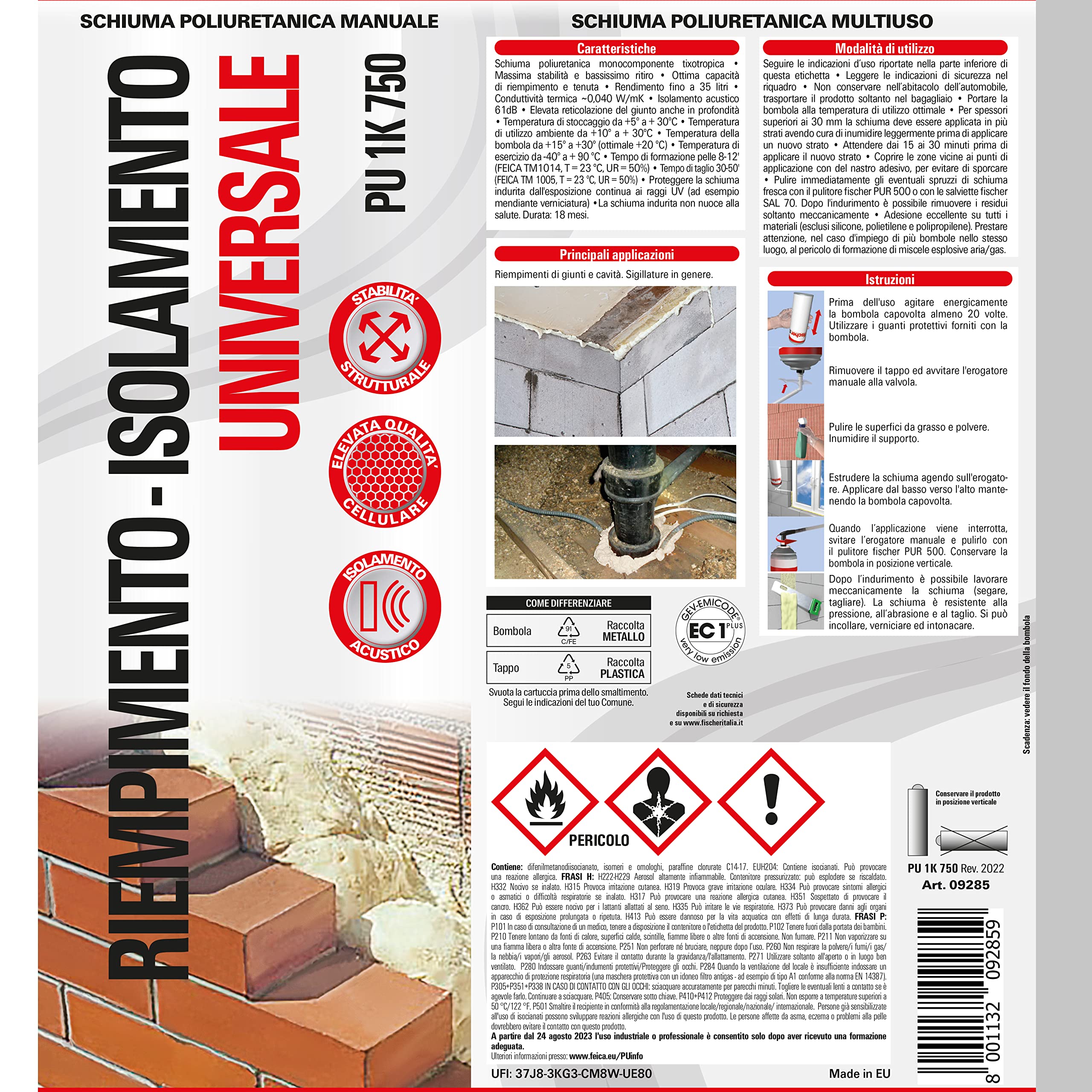 Fischer Bi-Pack Schiuma Poliuretanica Universale Espansa PU 1K in Imballo Protettivo con Erogatore, 2x 750 ml