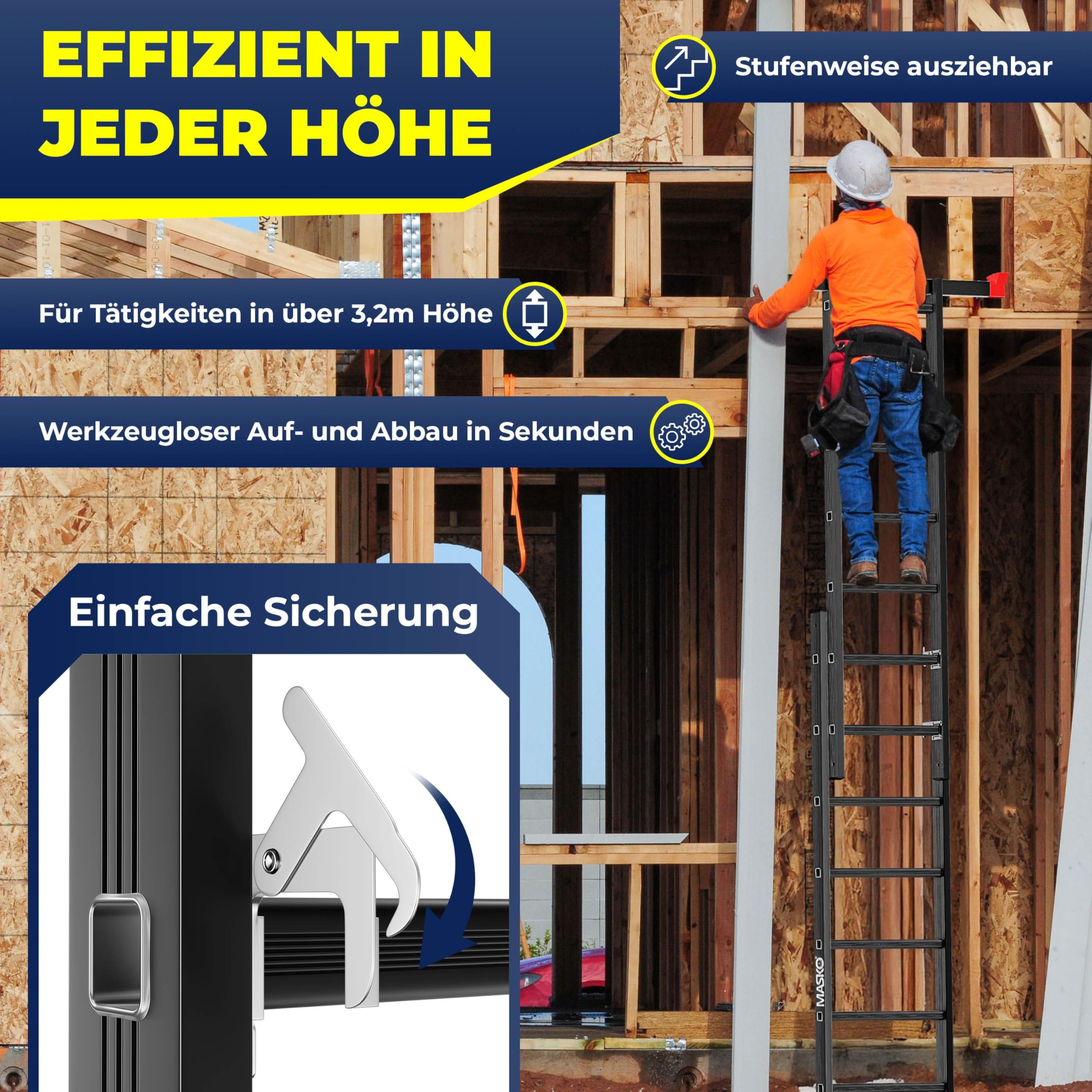 MASKO® Alugerüst 4in1, Baugerüst, Arbeitsgerüst & Gerüstleiter, Mehrzweckleiter als Anlegeleiter, Treppenleiter & Arbeitsbühne, bis 150kg belastbar, Anti-Rutsch beschichtet, GS geprüft EN131 + Ablage