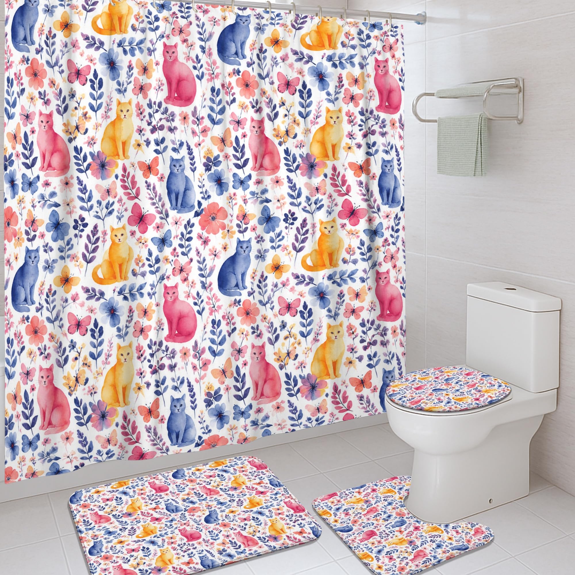 Rideau de douche motif chat et papillons pour une salle de bain poétique