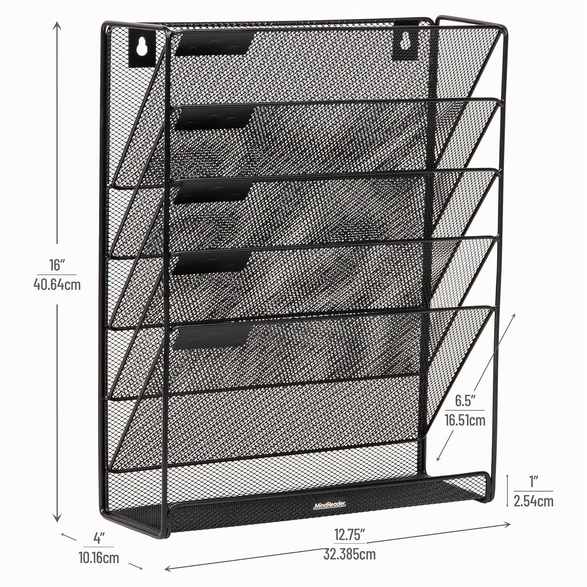 Mind Reader Rangement vertical de fichiers à 5 niveaux, organiseur de bureau, support mural, bureau, maille métallique, 32,75 (L) x 10,2 cm (l) x 40,6 cm (H), noir