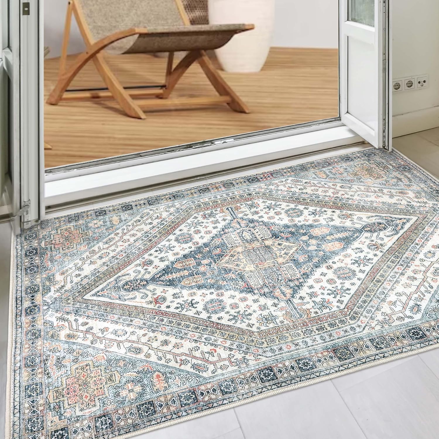 Vintage Front Door Rug Boho Area Rug 2x3ft Washable Non-Slip Soft Indoor Doormat Small Oriental Rug Low Pile Door Mat Bohemian Carpet for Entryway Living Room Kitchen Bedroom (Royal Blue)