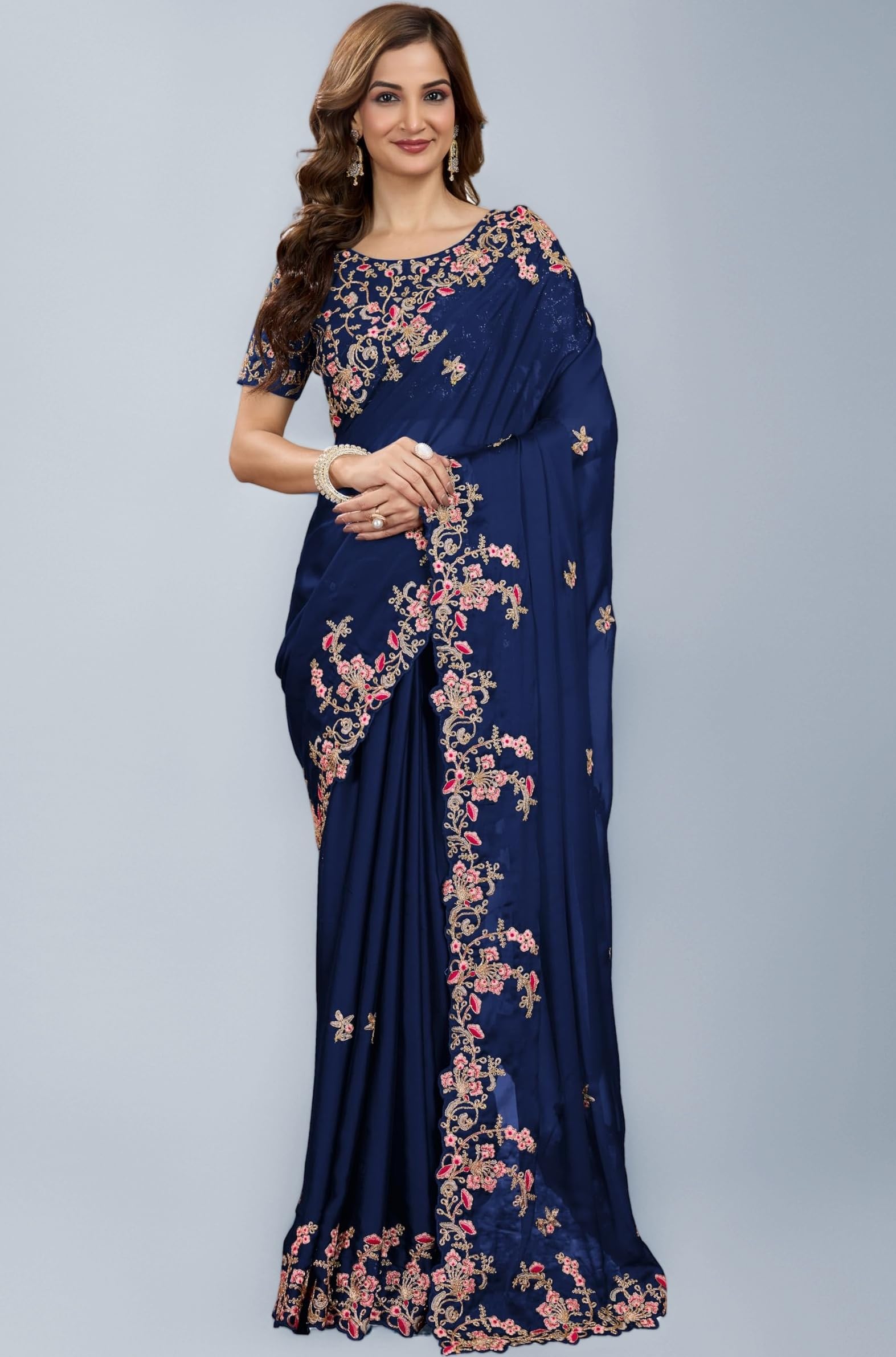 TRENDMALLS Women's Rangoli Silk Embroidery Saree with Unstitch Blouse Piece Saree for Women